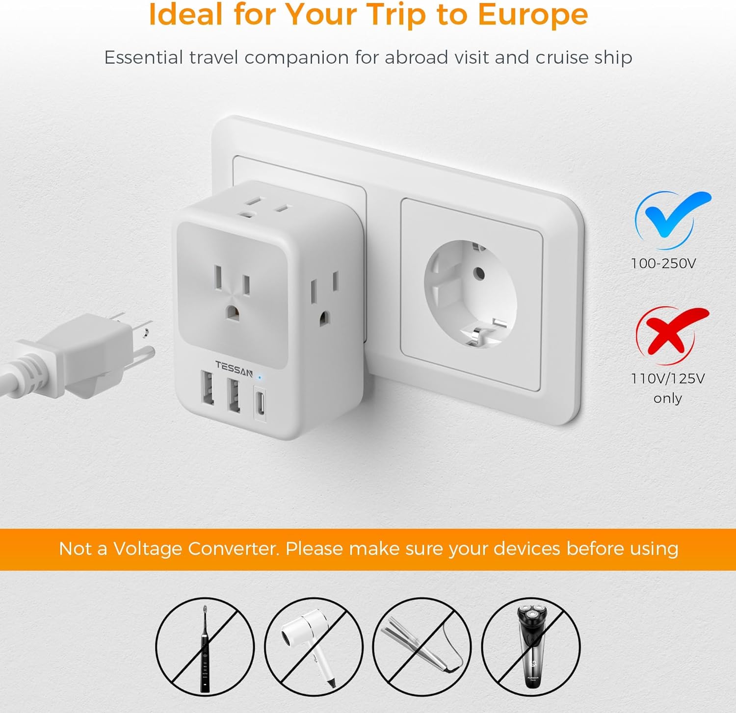 Germany France Travel Power Adapter, Schuko Adaptor with 4 Outlets 3 USB Ports (1 USB C)