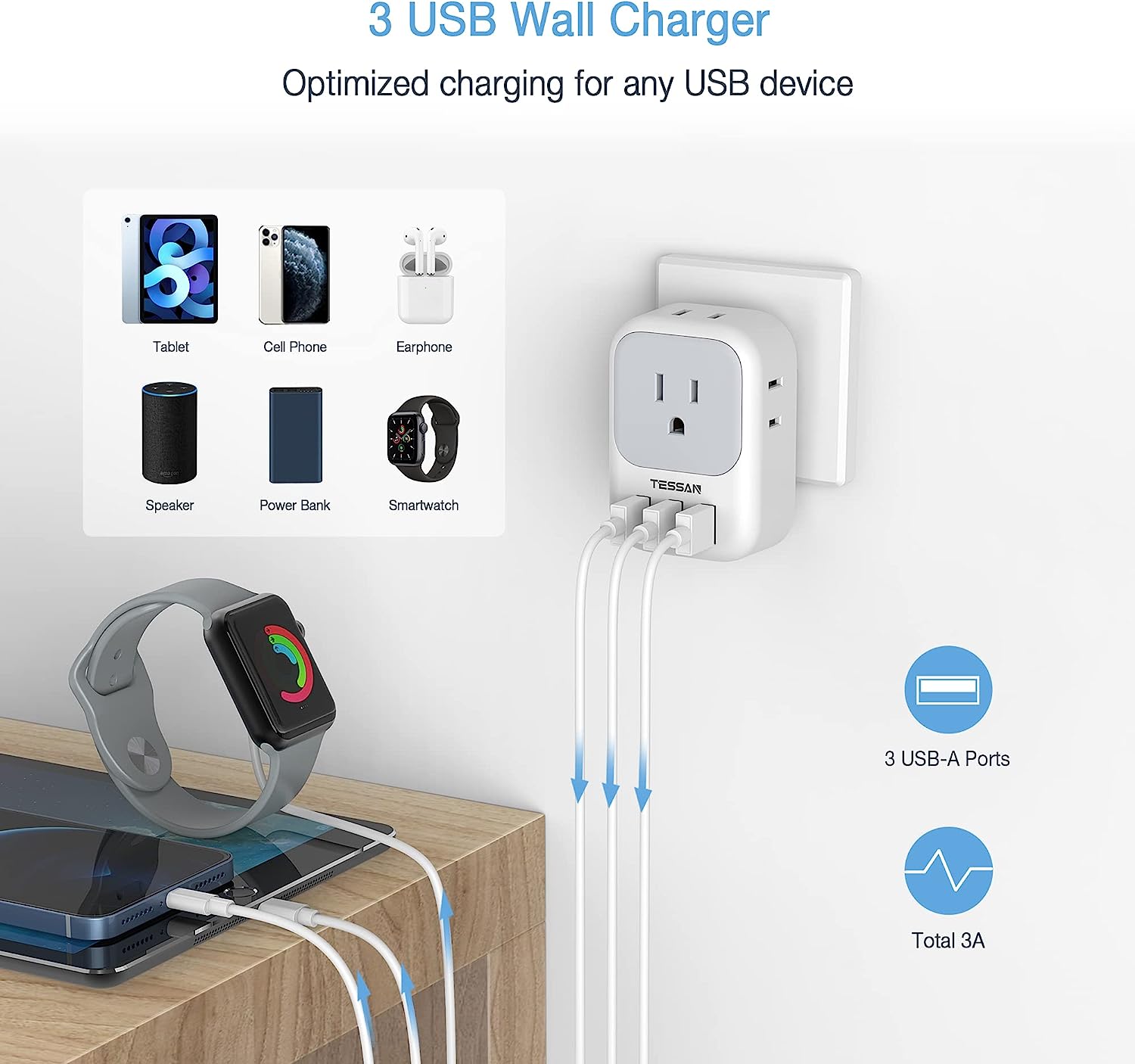 TESSAN Brazil Power Plug Adapter with 4 American Outlets and 3 USB Charging Ports