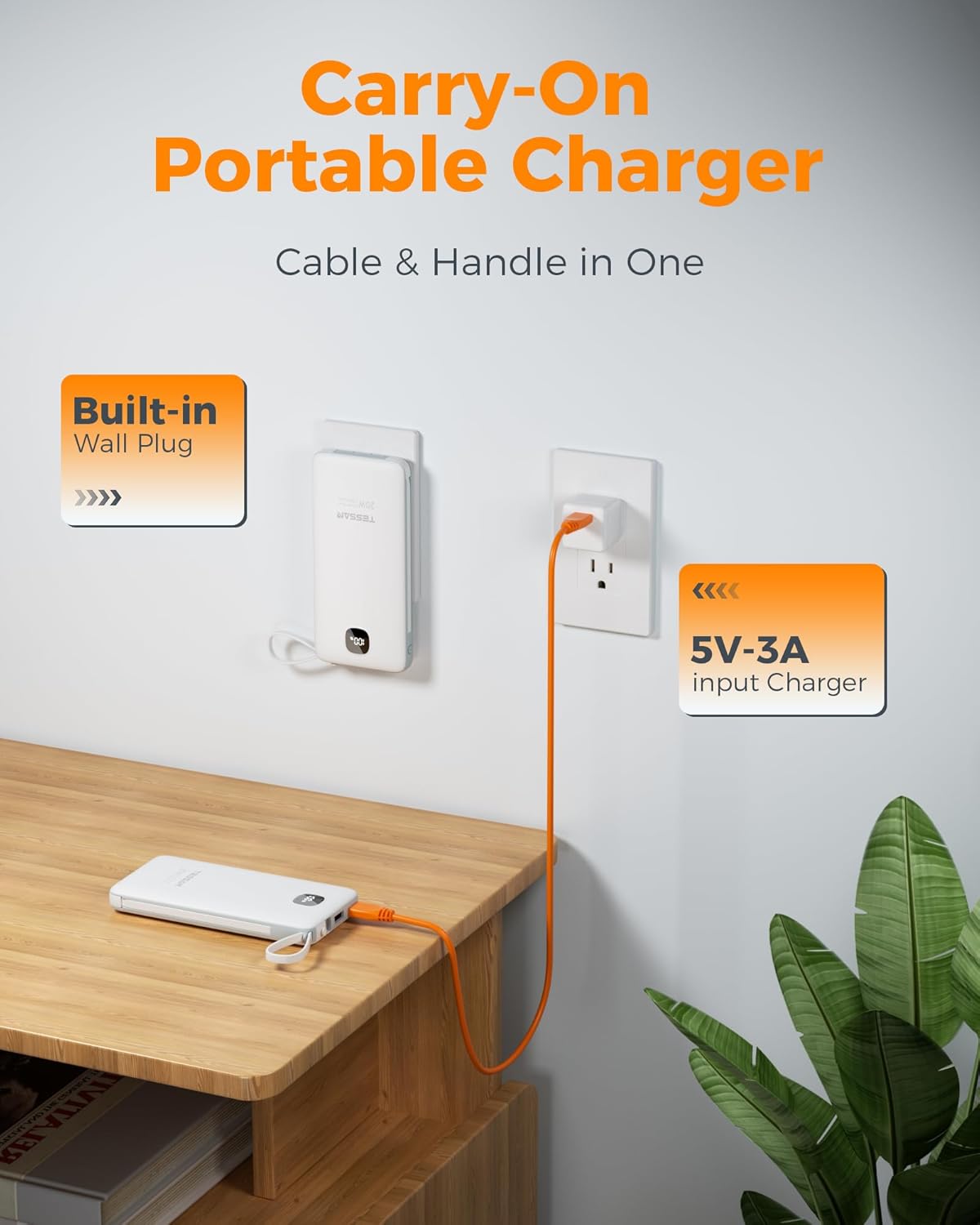 TESSAN 10000mAh Portable Charger with Built-In Cables