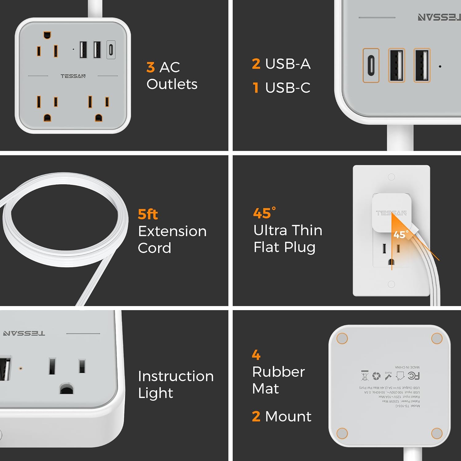 TESSAN Slim Power Strip with 3 USB (1 USB C) Ports, Ultra Thin Flat Extension Cord 5 FT