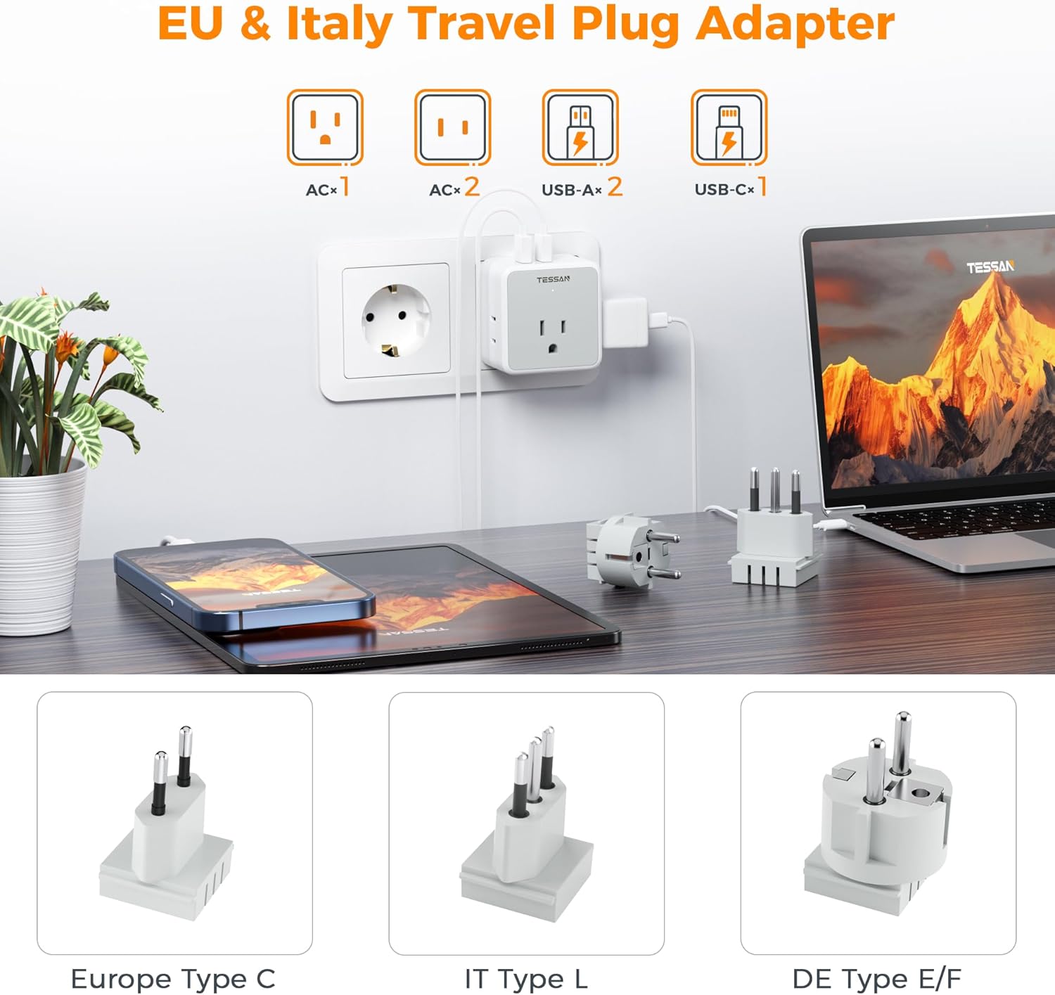 TESSAN Italy Travel Plug Adapter Kit, Detachable Converter with 3 USB Charger (1 USB C)