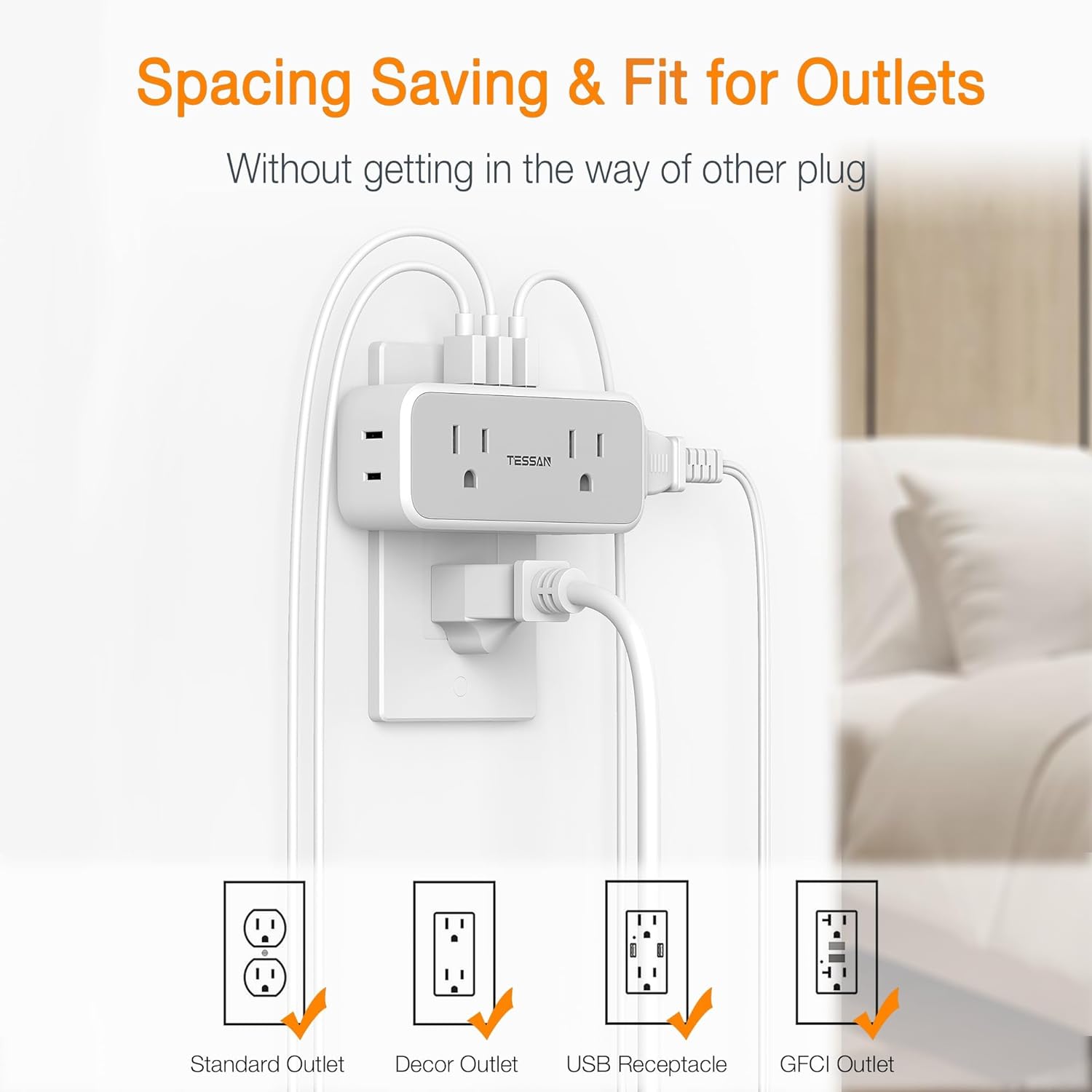 TESSAN Multi Plug Outlet Splitter with 4 Electrical Outlets 3 USB Ports, Surge Protector Outlet Extender