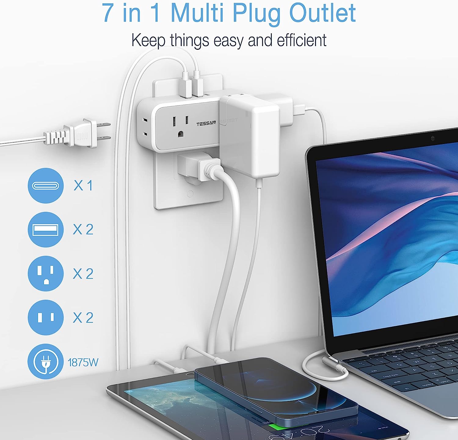 TESSAN USB Outlet Extender with 4 AC Outlets 2 USB A Ports 1 USB C Port