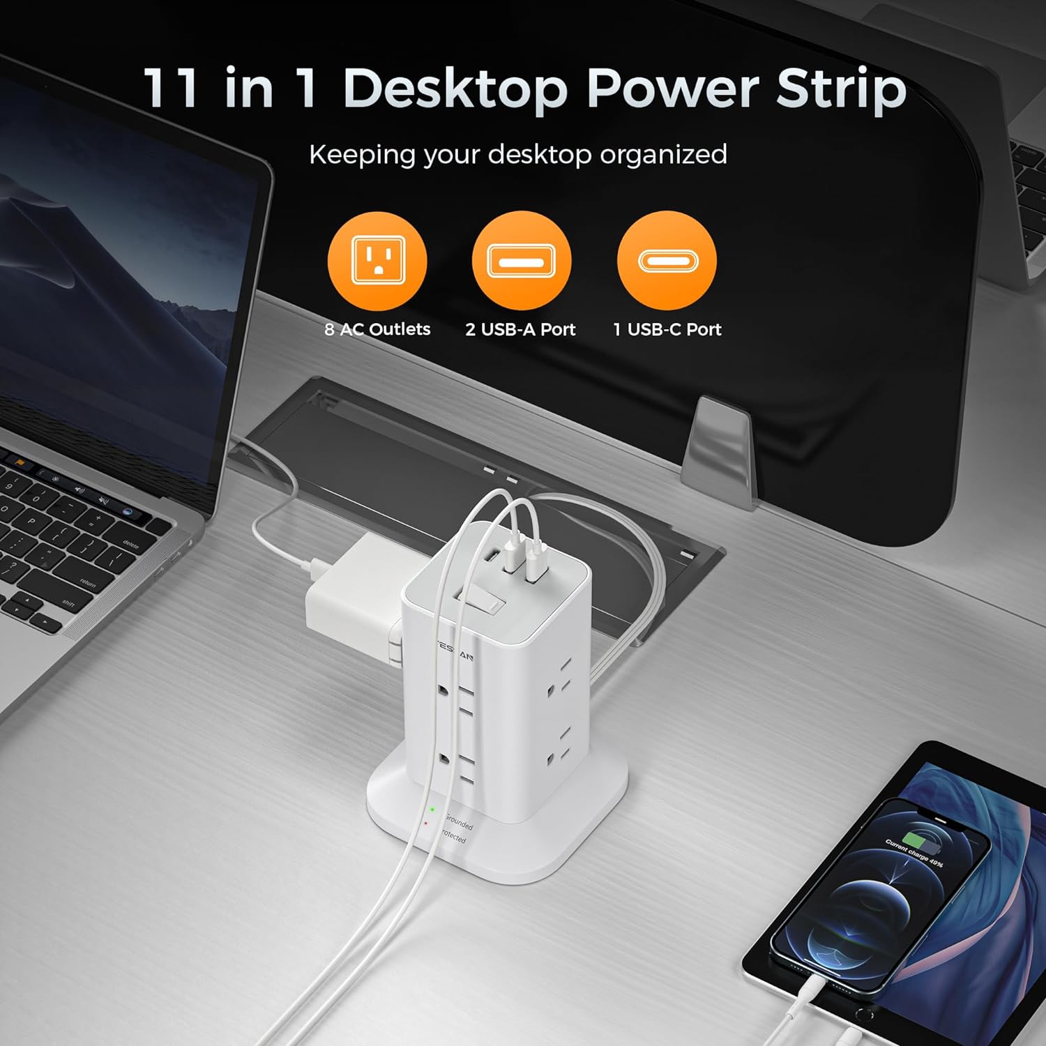 TESSAN Flat Plug Extension Cord with 8 AC Outlets 3 USB Ports (1 USB C), Surge Protector Power Strip Tower 10 FT