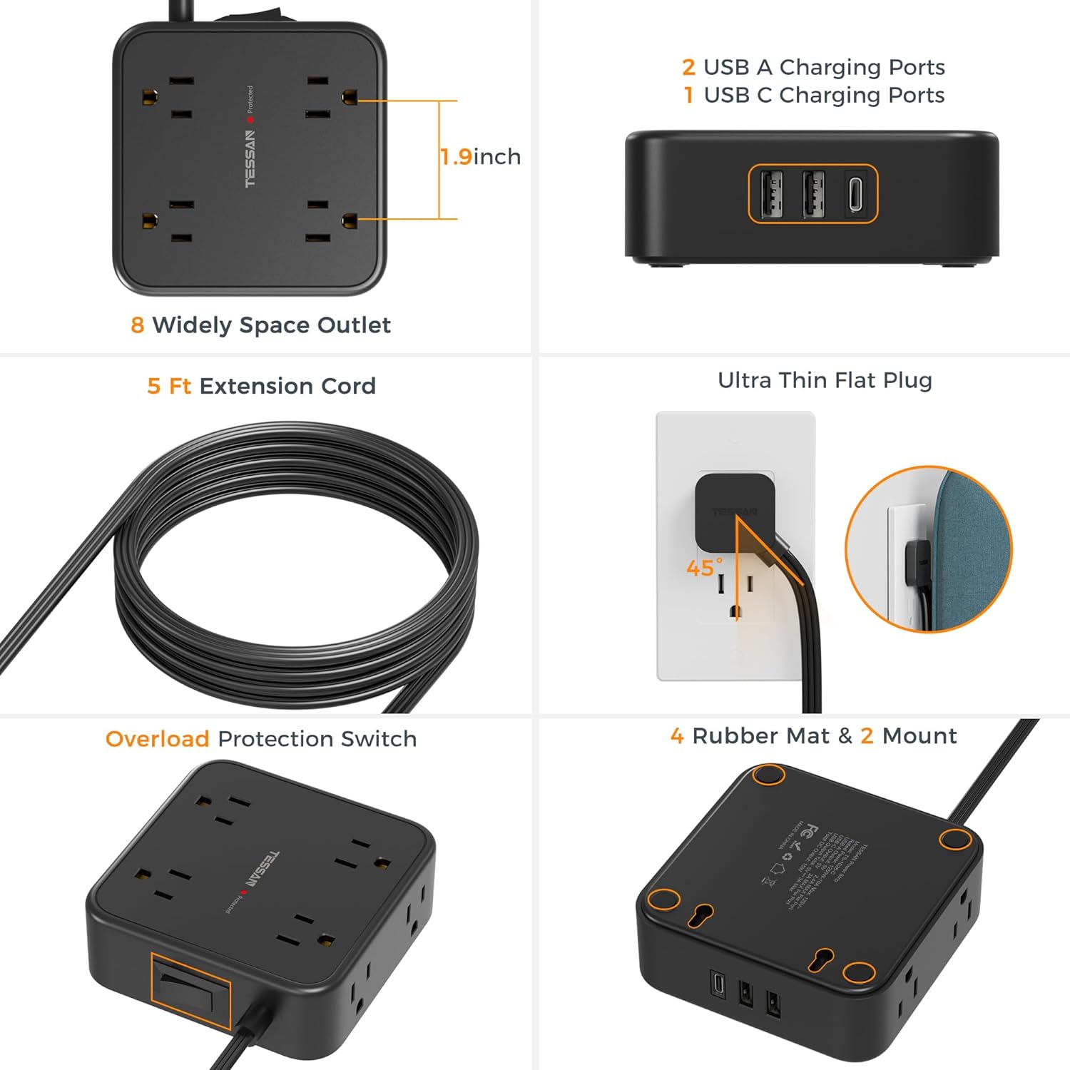 TESSAN Surge Protector Flat Plug Power Strip, Black Extension Cord, 8 AC Outlets, 3 USB Charger(1 USB C Port)