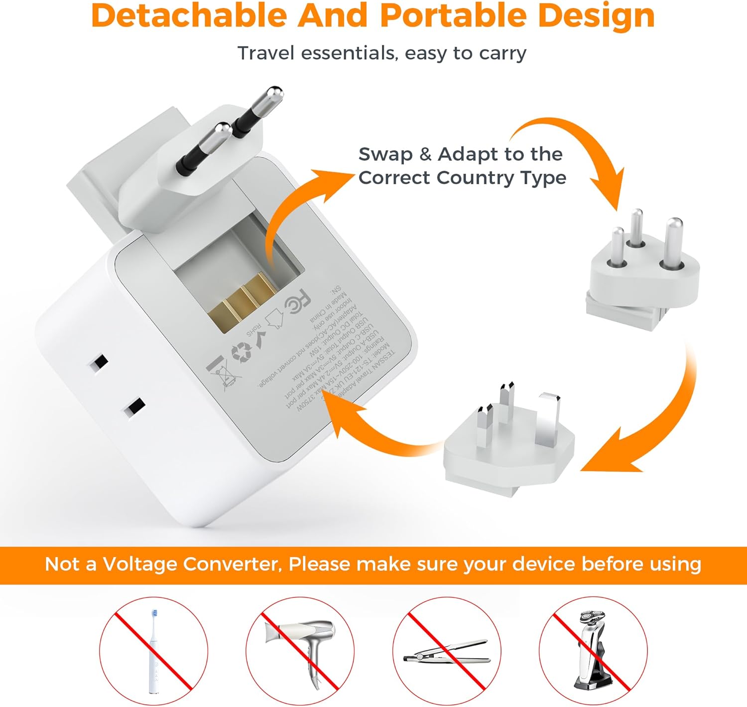 TESSAN All European UK Travel Plug Adapter Kit with 3 USB (1 USB C)