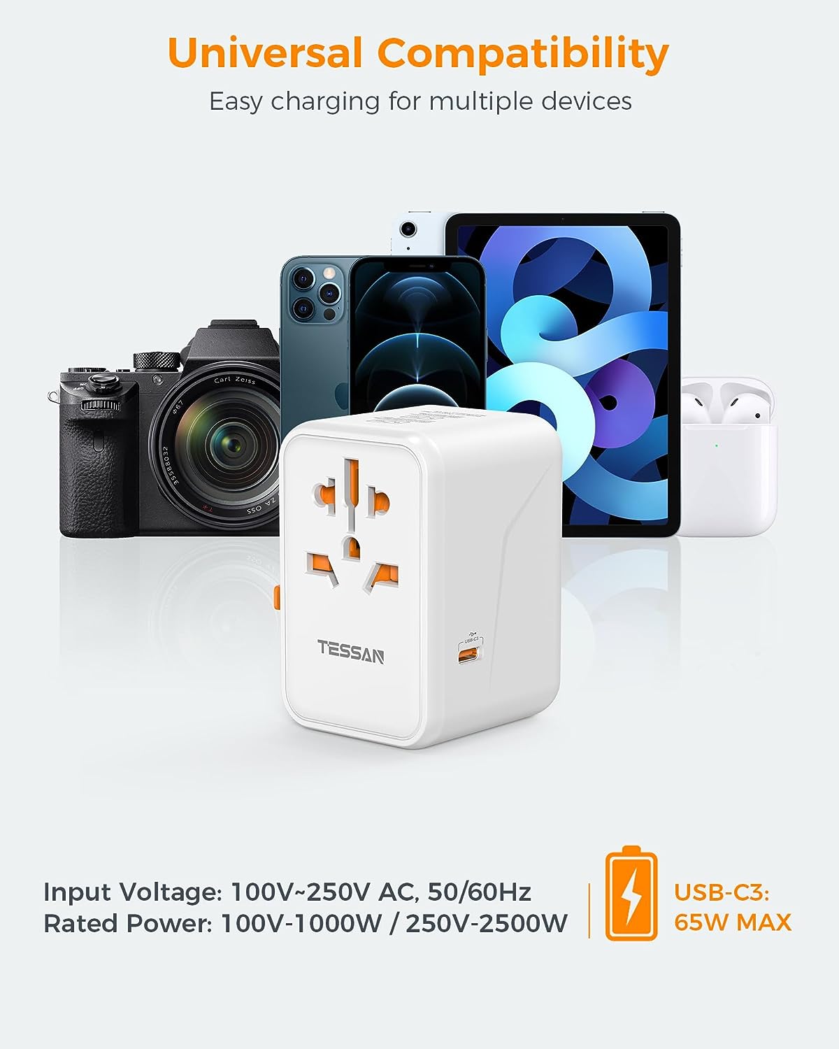 TESSAN GaN Universal Travel Adapter with USB-C - White