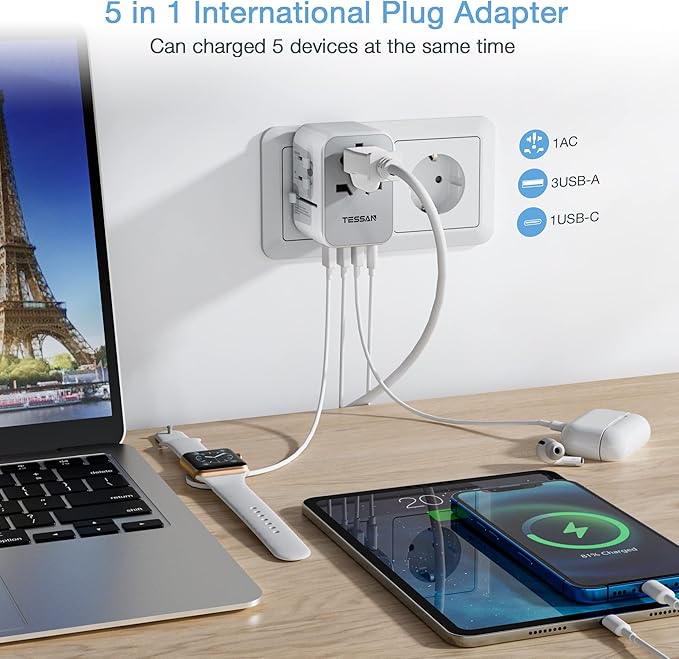 TESSAN Universal Travel Adapter 5 USB Ports - Gray