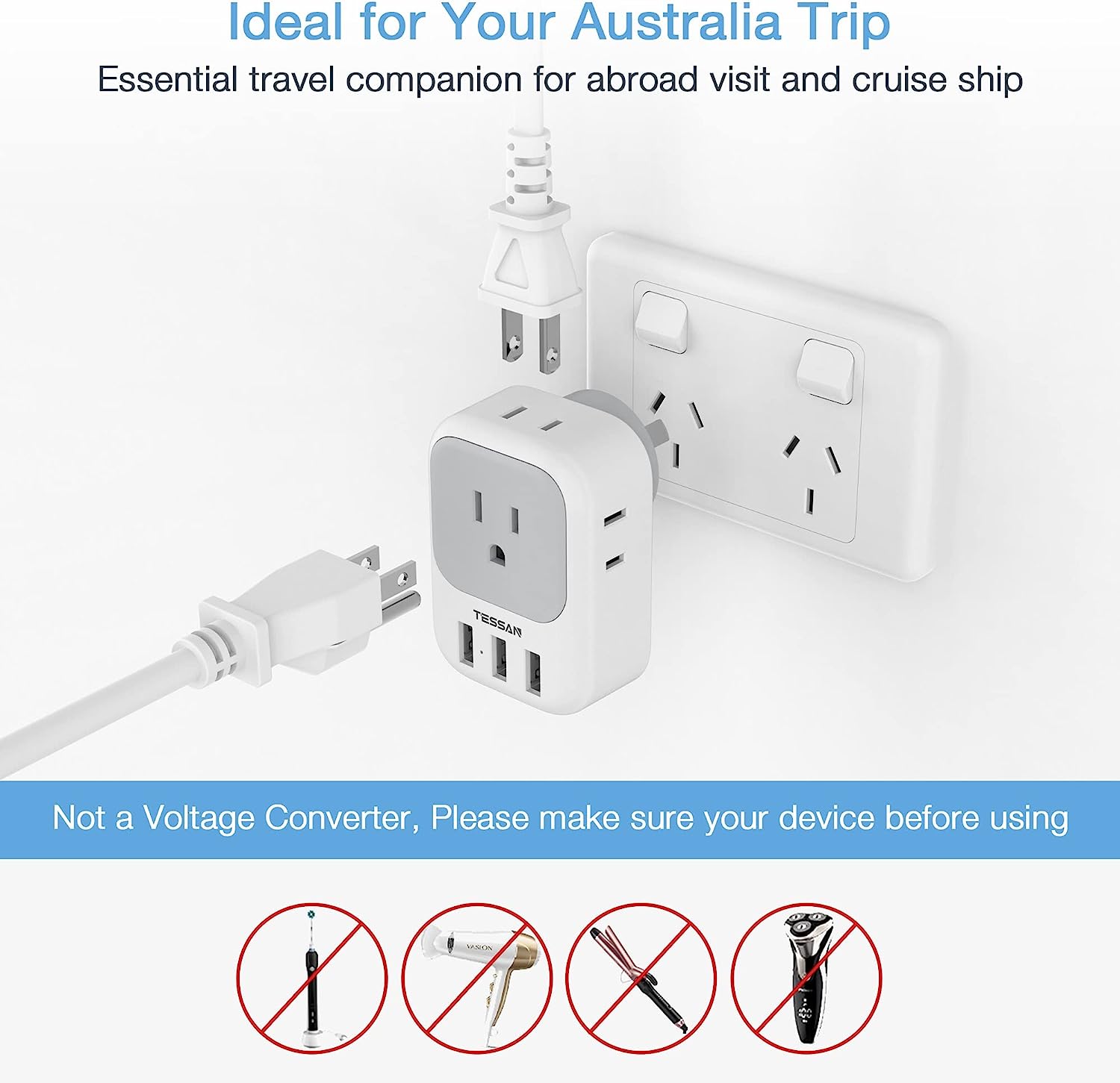 TESSAN USA to Australia Travel Adapter with 4 AC Outlets 3 USB ports