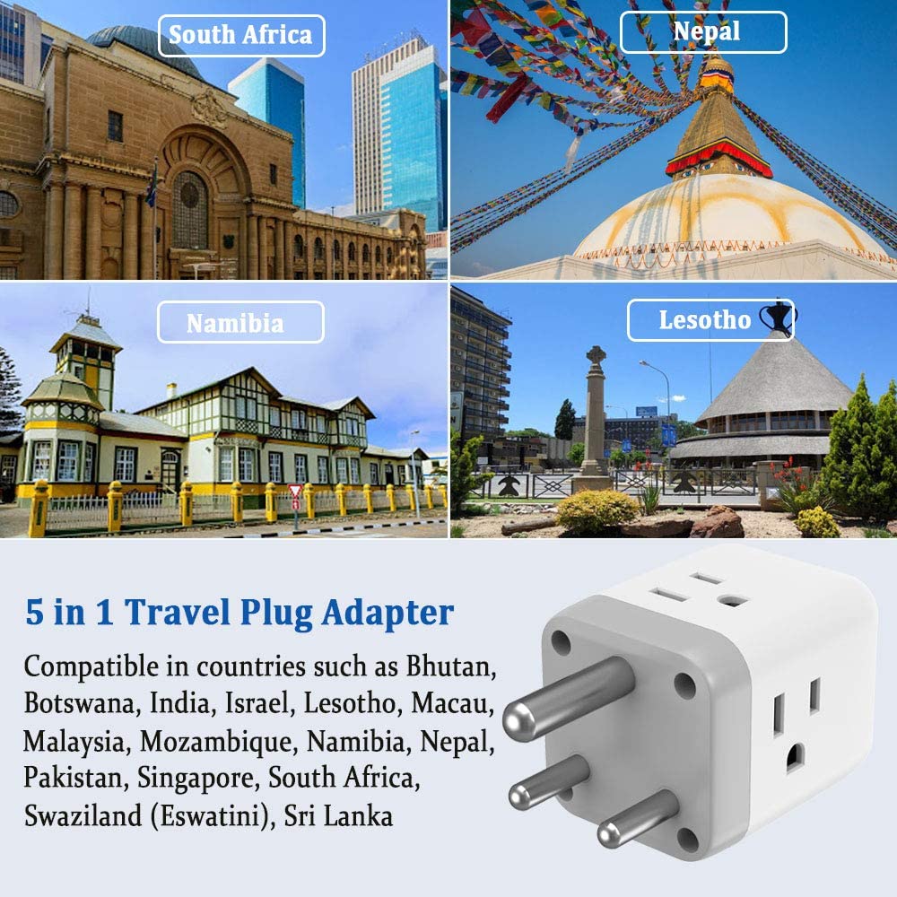 US To South Africa Travel Plug Adapter With 3 Outlets 2 USB Ports (Type M Plug)