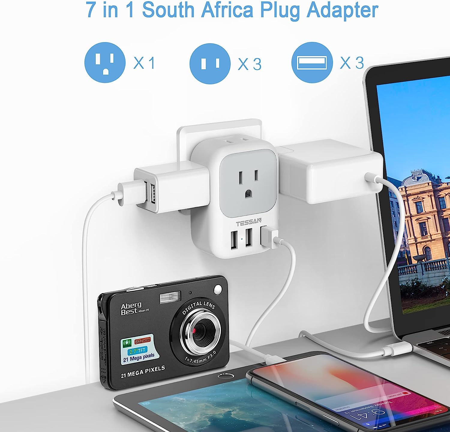 TESSAN South Africa Power Adapter with 4 AC Outlets 3 USB Ports