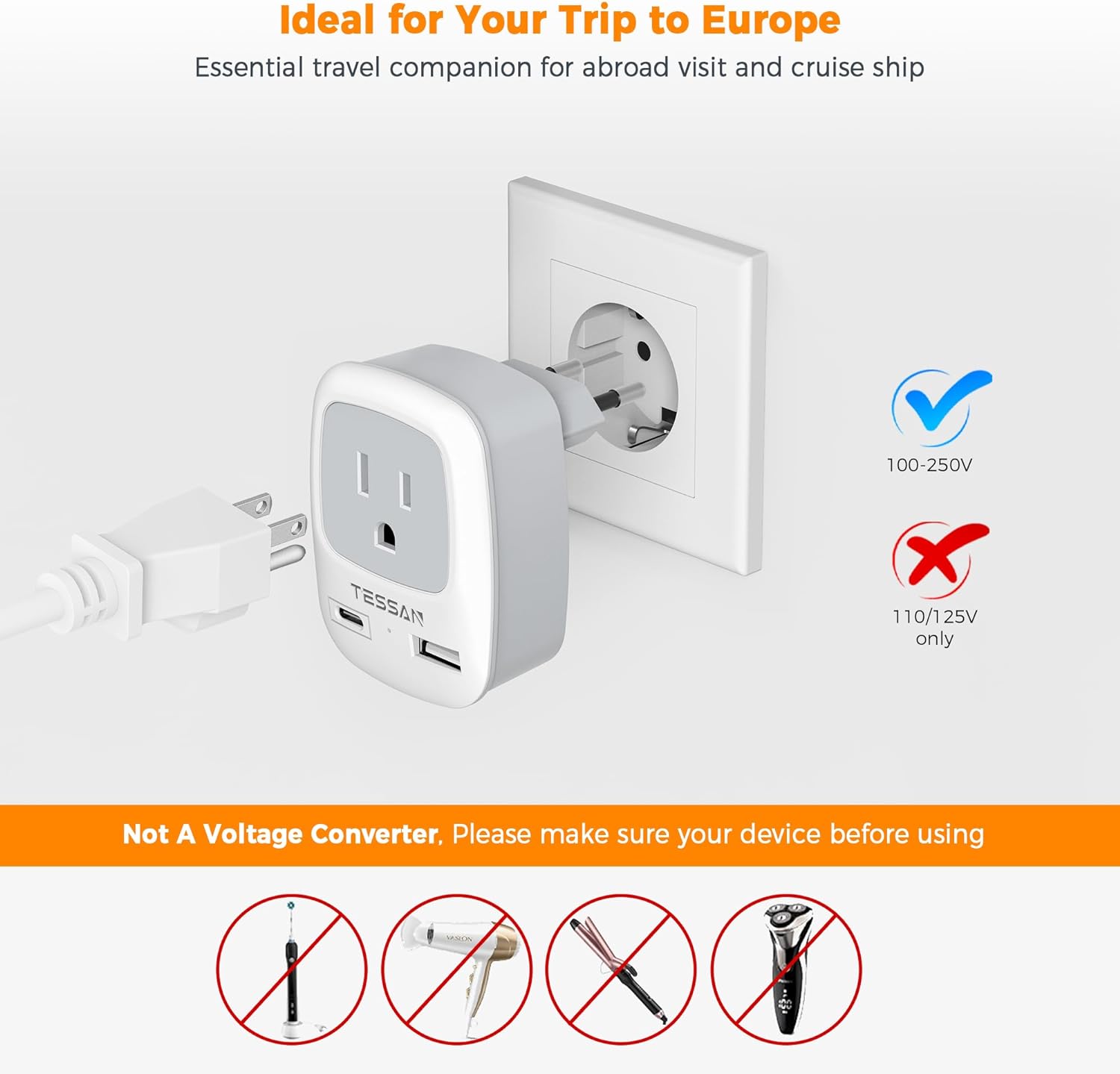 TESSAN International Power Plug with 2 USB Ports (1 USB C)