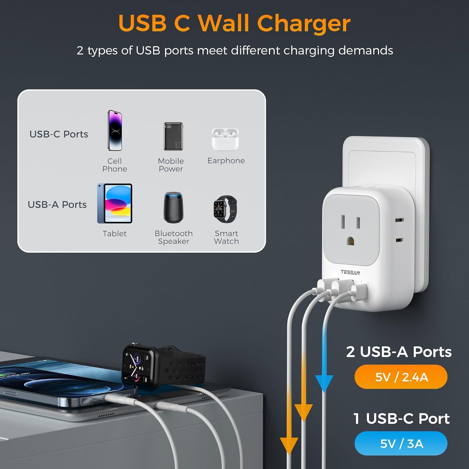 TESSAN Italy Power Adapter with 4 Outlets 3 USB Charger (1 USB C Port), Italy Travel Plug Adapter 2 Pack