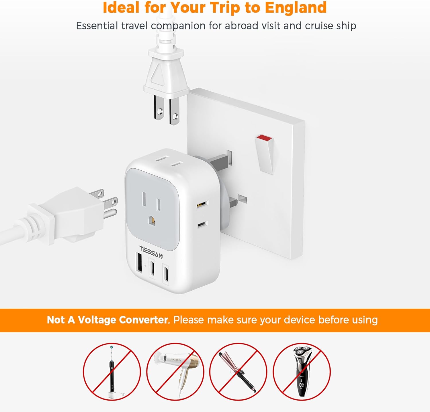 TESSAN US to UK Travel Adapter with 4 Outlets 2 USB C ports(Type G)