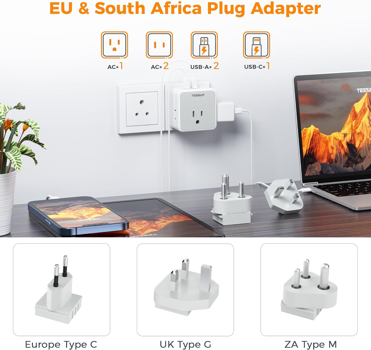 TESSAN All European UK Travel Plug Adapter Kit with 3 USB (1 USB C)