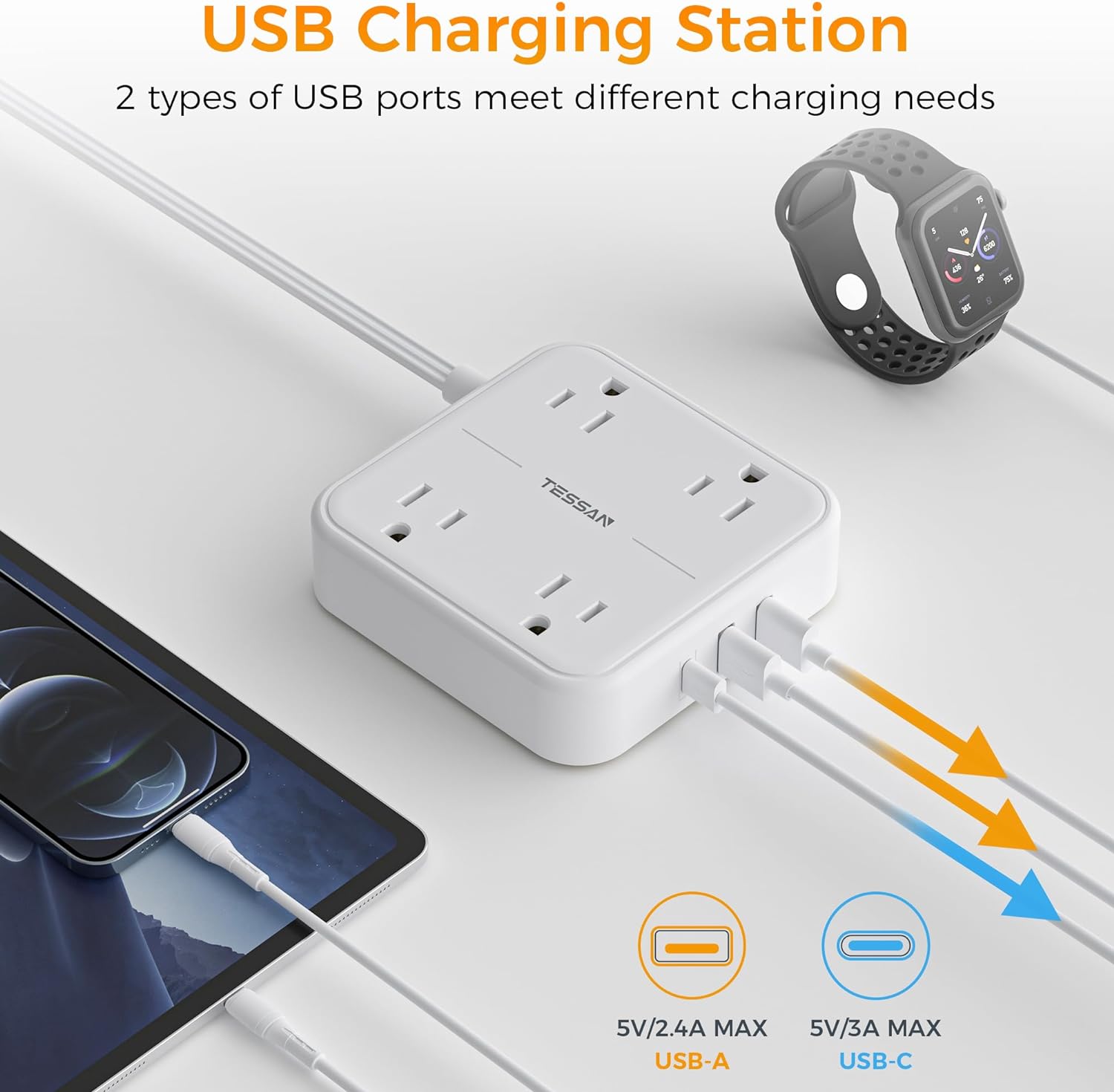 TESSAN Surge Protector Power Strip 10 Feet with 4 Outlets 3 USB Wall Charger (1 USB C), Flat Extension Cord 10 FT