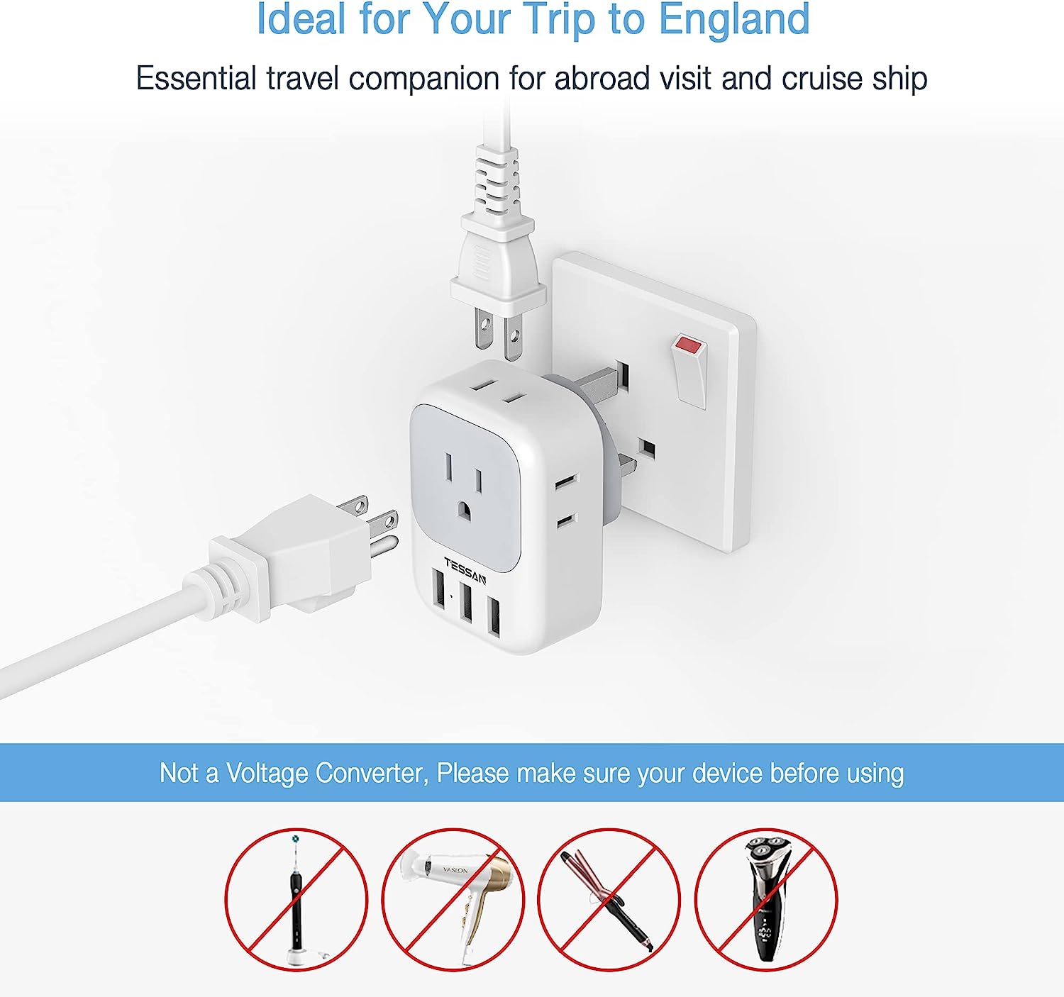 TESSAN US to UK Plug Adapter with 4 Electrical Outlet 3 USB Charger, 3 Pack