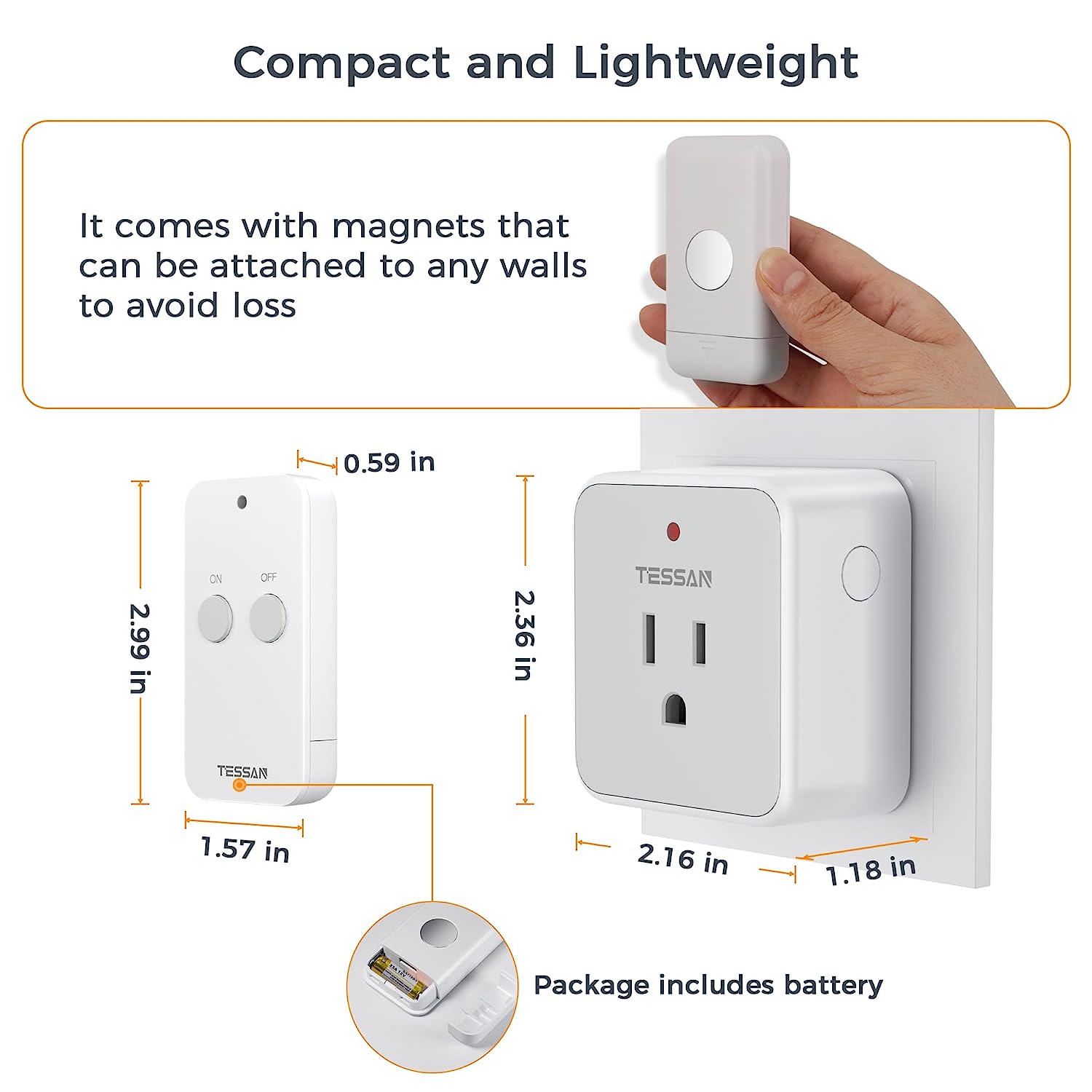 TESSAN Wireless Remote Light Switch, 100ft RF Range, 15A/1875W(1 Remote + 1 Outlet)