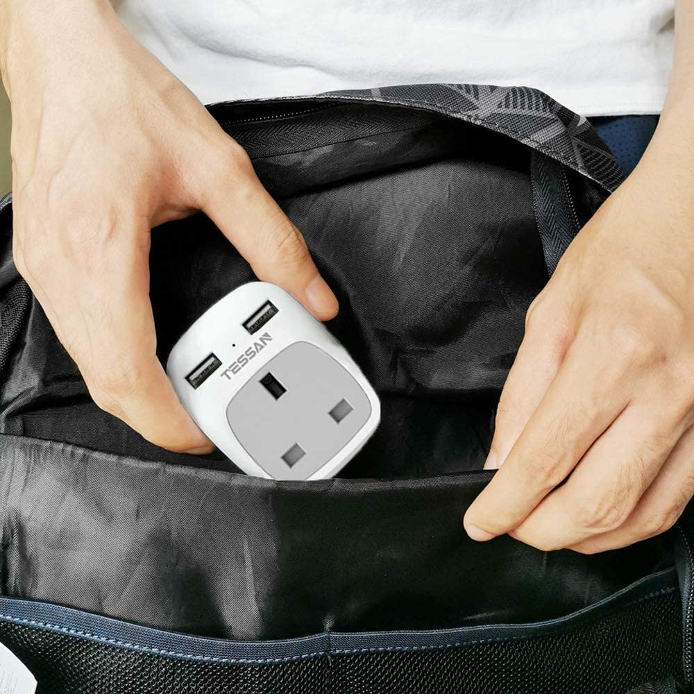 TESSAN UK to US Plug Adapter with AC Outlet 2 USB Ports