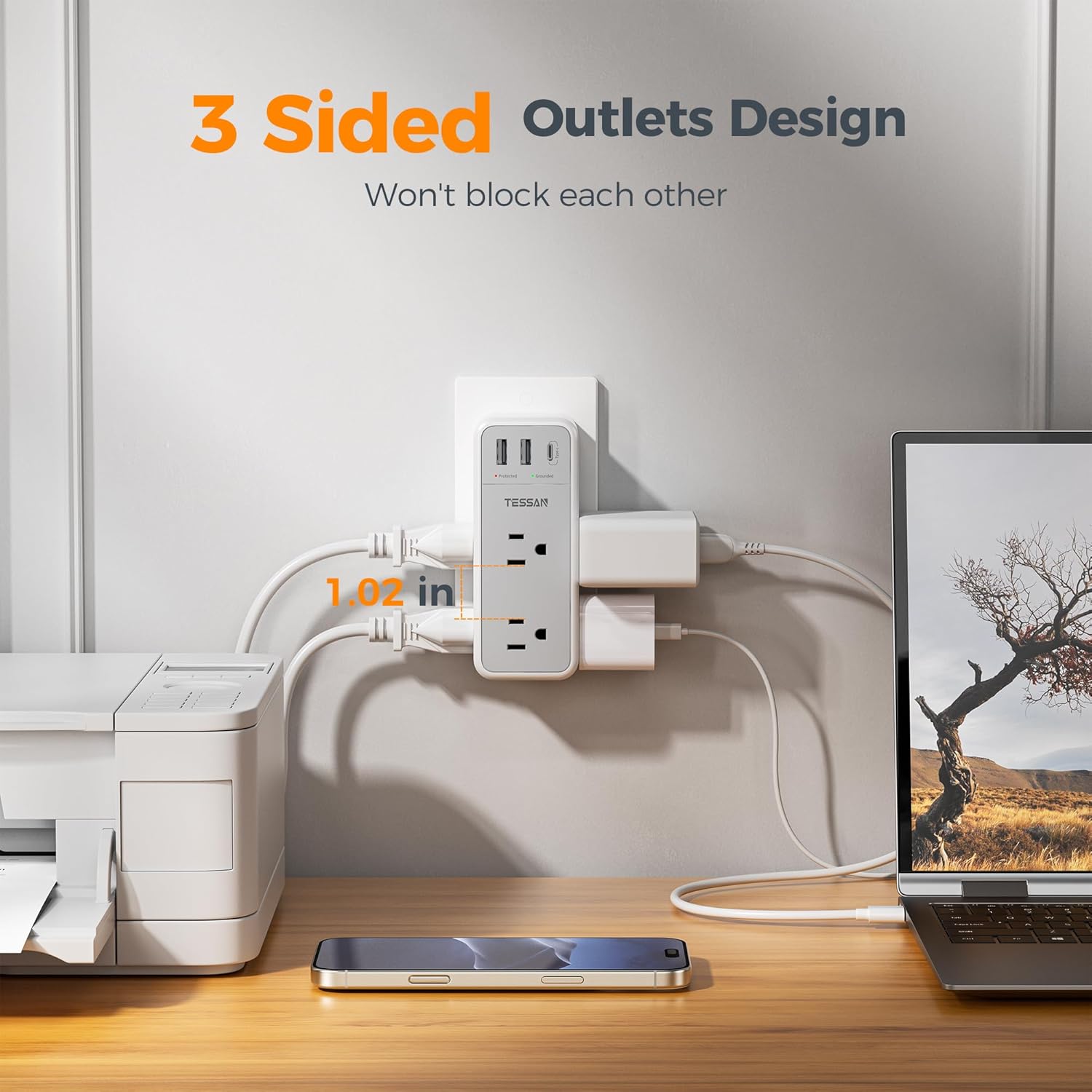 TESSAN Multi Plug Wall Outlet Splitter (360 Rotating Plug) WS04