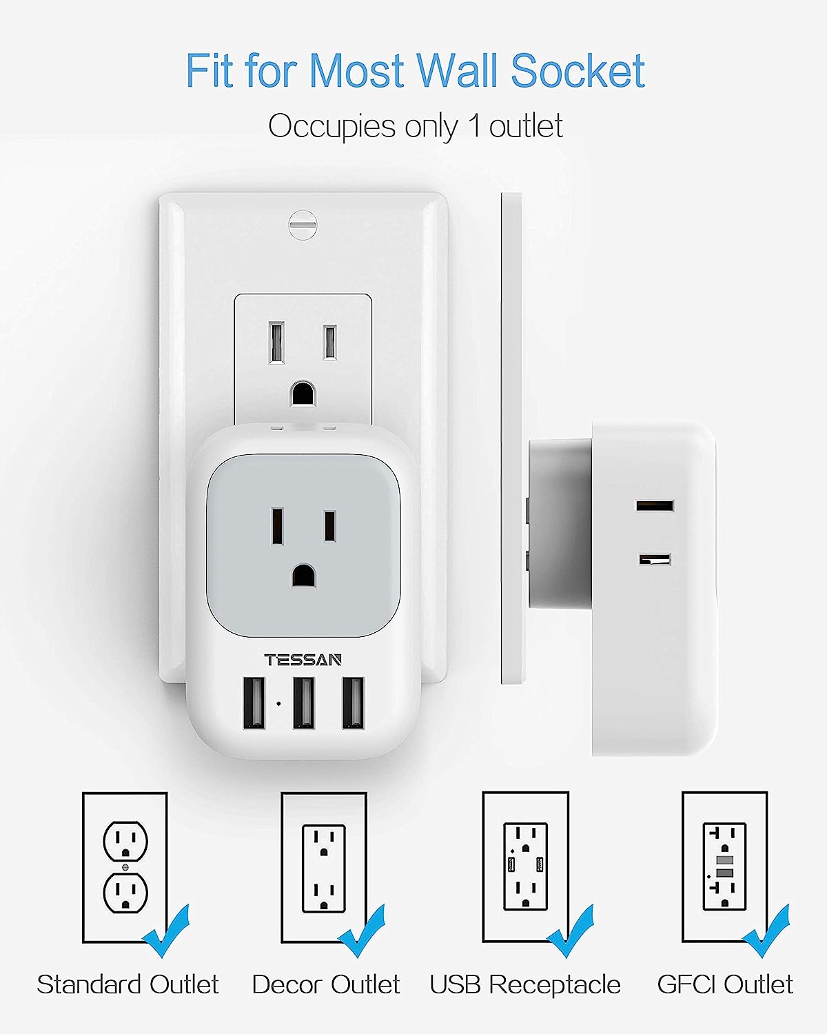 TESSAN 4 Electrical Outlet Extender with 3 USB Ports