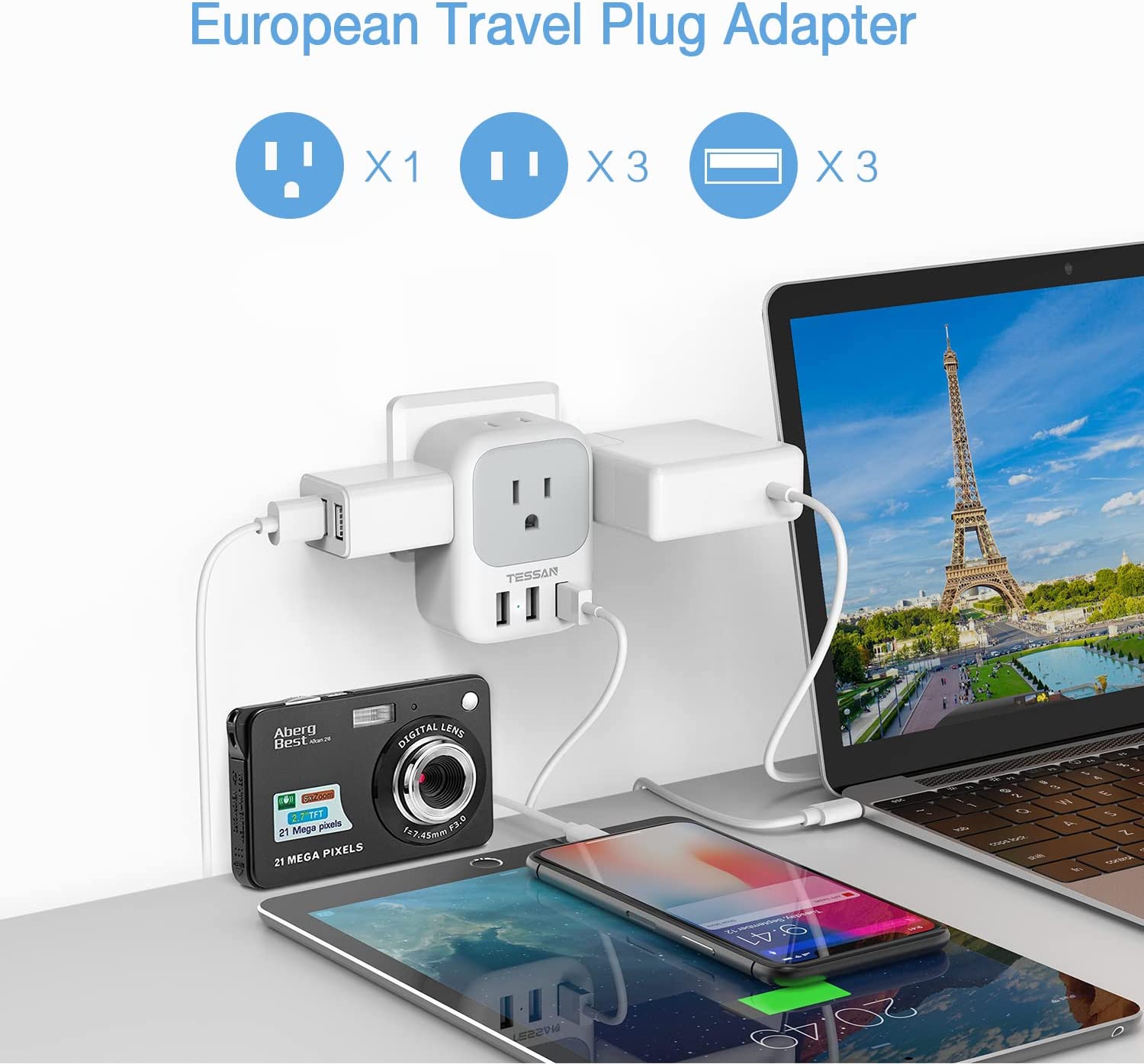 TESSAN US to Europe Power Adapter with 4 AC Outlets and 3 USB, 3 Pack