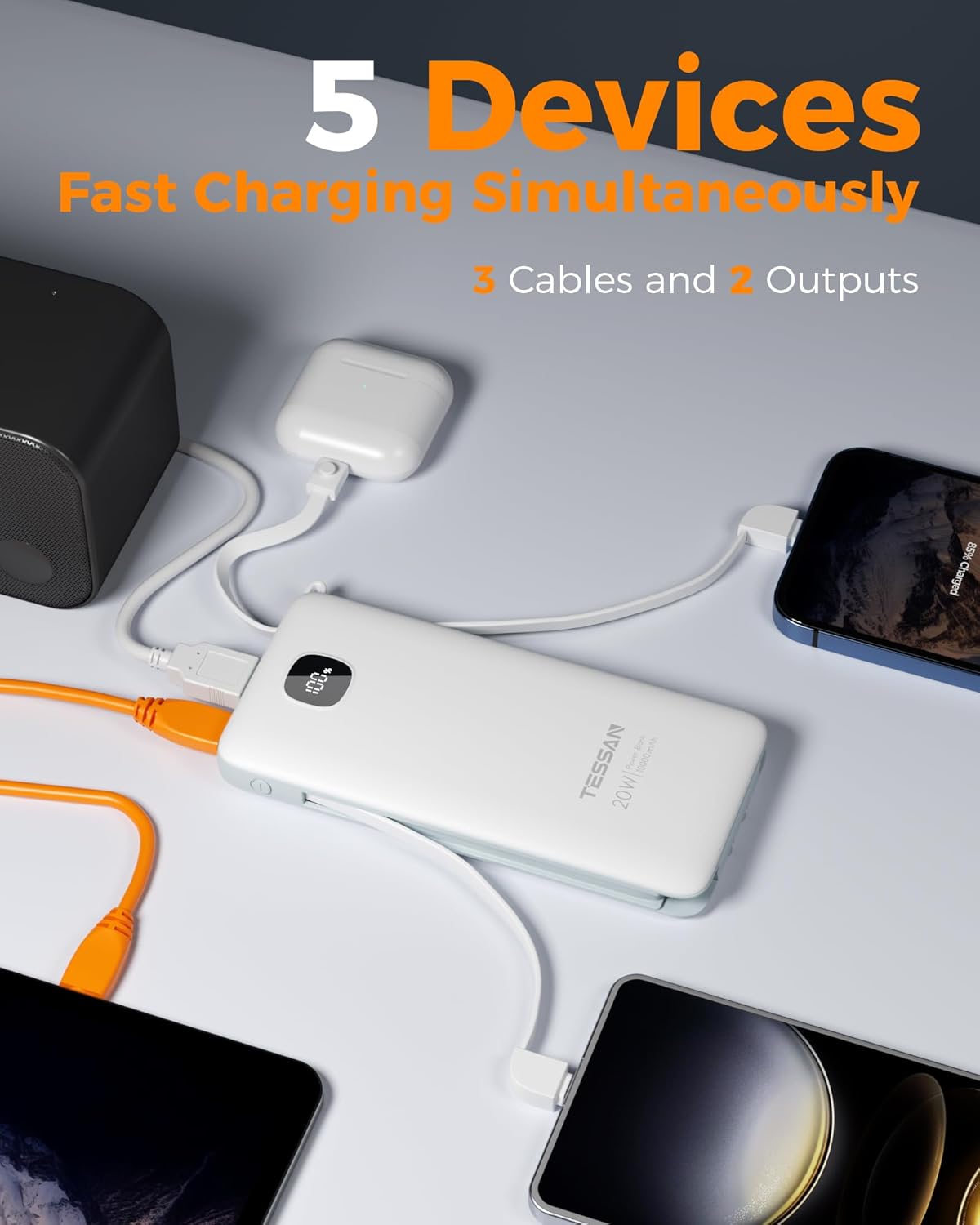 TESSAN 10000mAh Portable Charger with Built-In Cables