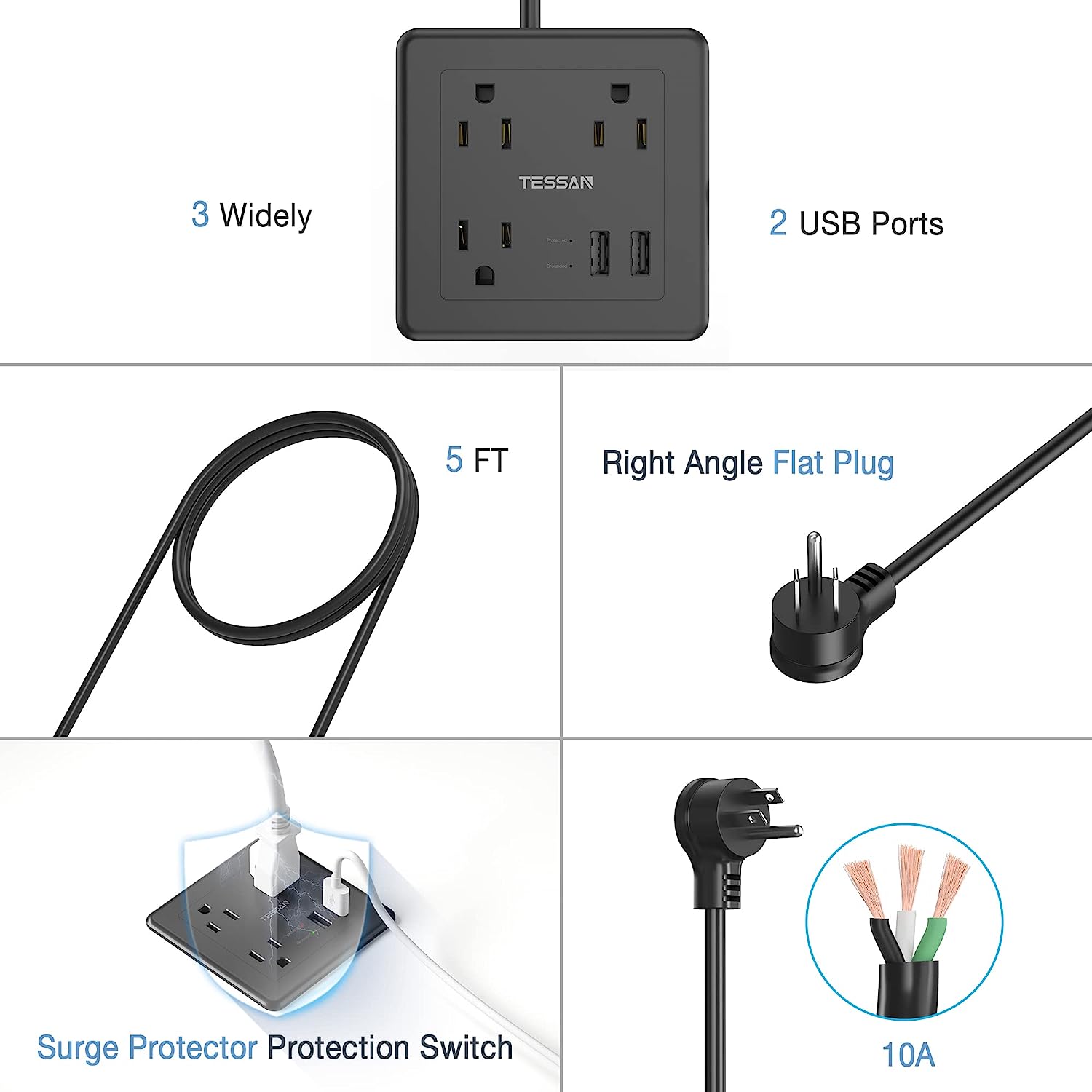 TESSAN Flush Mount Outlet with Surge Protector, Furniture Recessed Power Strip with 2 USB Ports