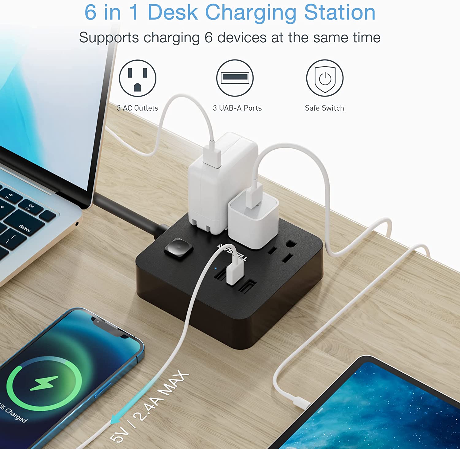 TESSAN 5/10 ft Long Flat Plug Power Strip with 3 AC Outlet Compact Desktop Charging Station 125V 10 A for Home