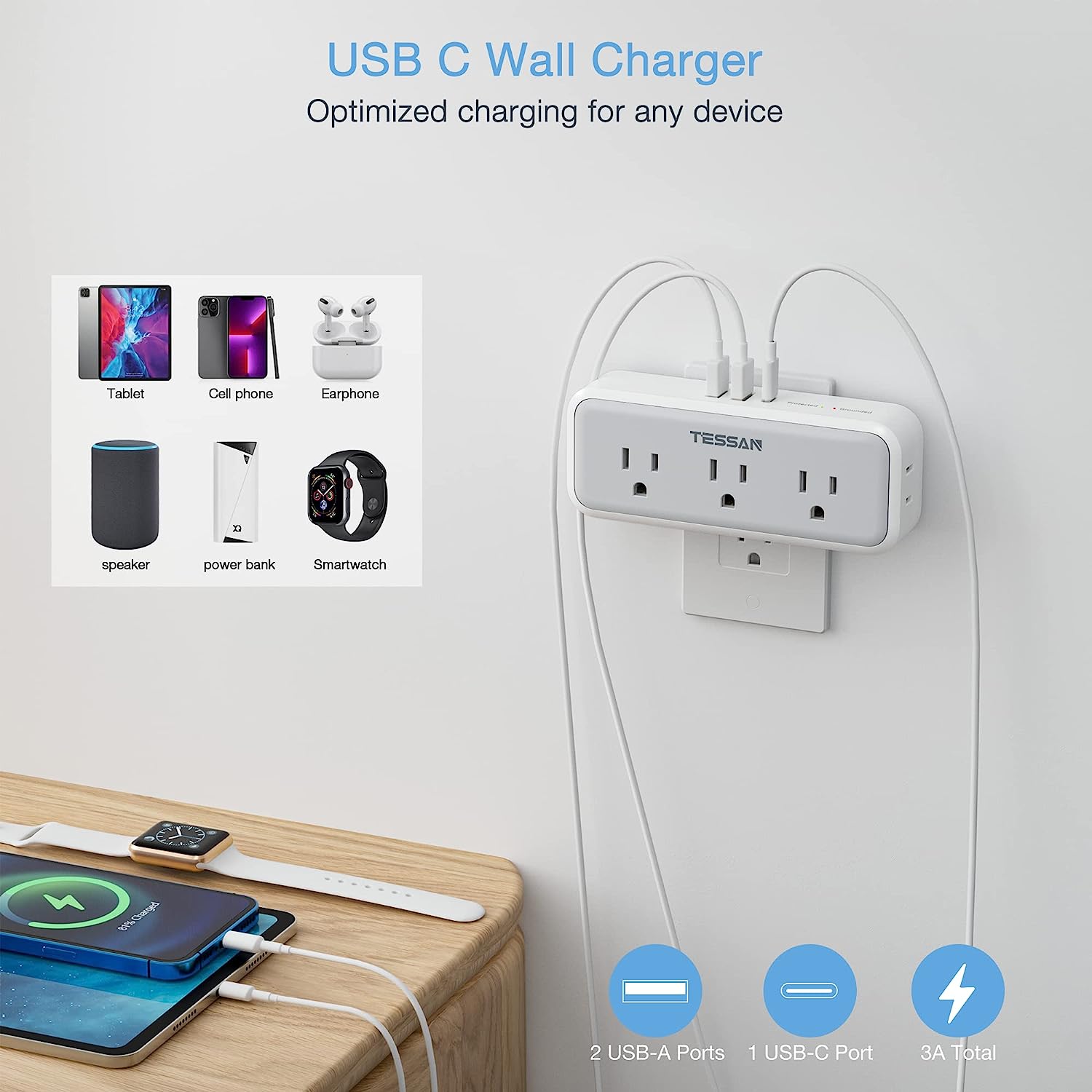 TESSAN Multiple Outlet Splitter with 5 Outlets and 3 USB (1 USB C)