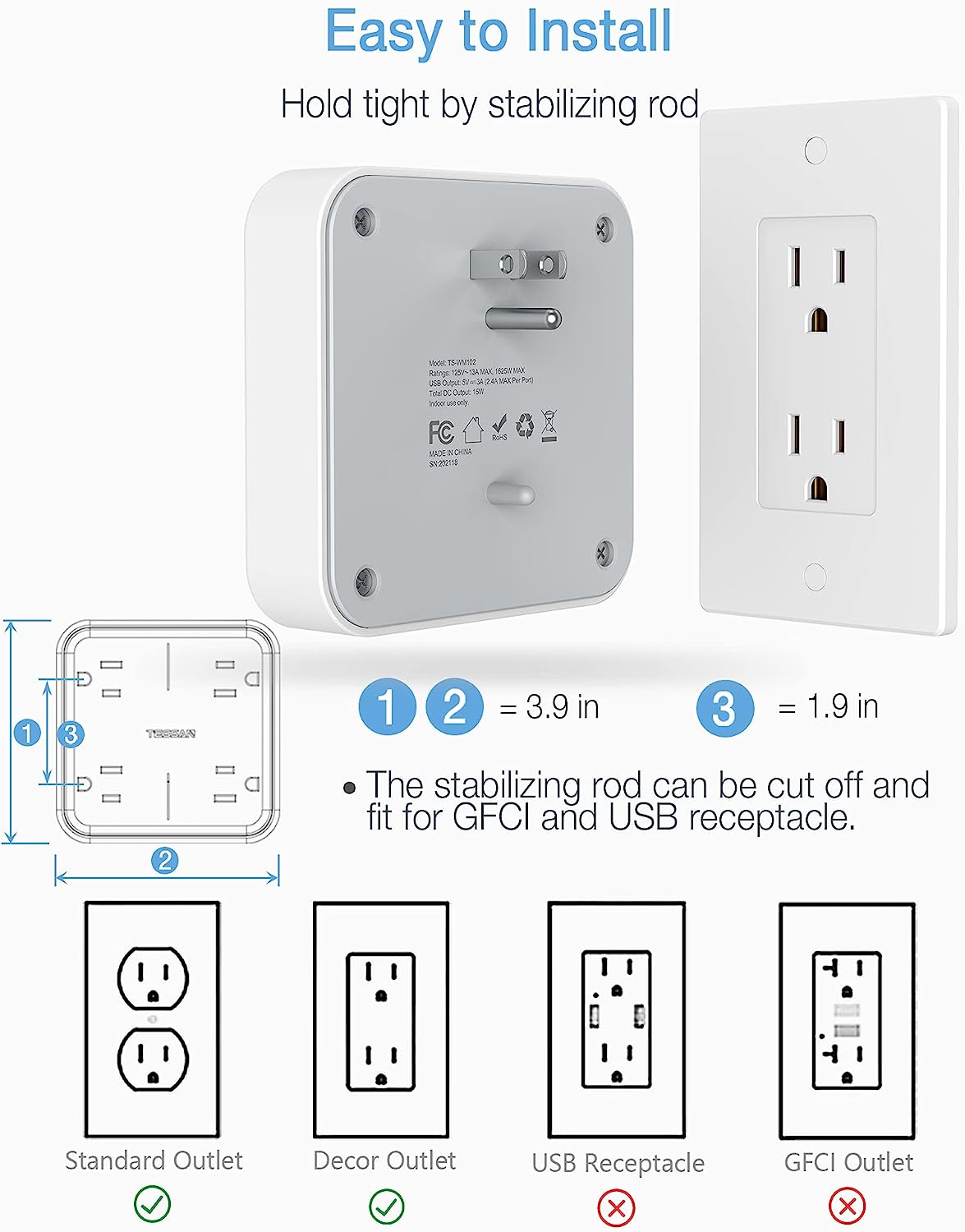 Multi Plug USB Wall Charger, 4 Outlet Splitter with 3 USB Wall Plug (1 USB C Port)