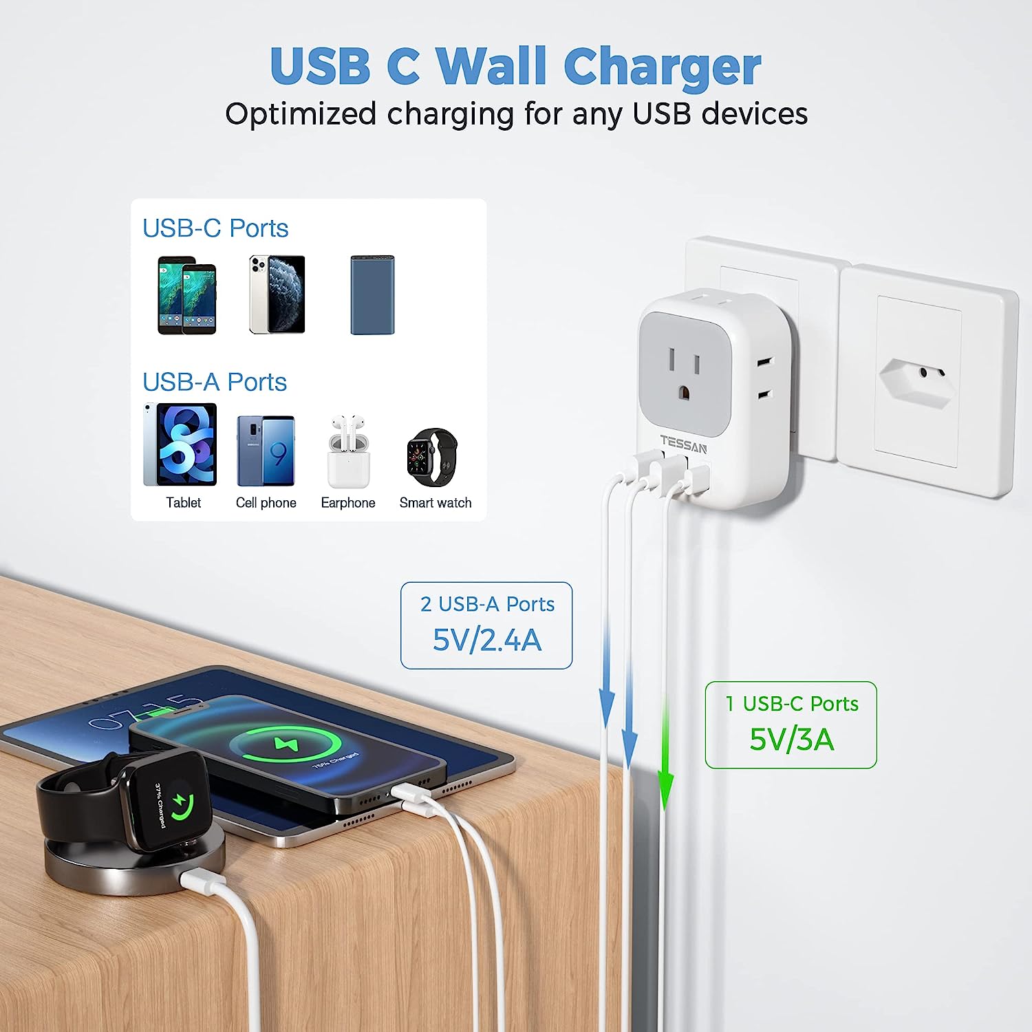 TESSAN US to Brazil Travel Plug with 4 American Outlets 3 USB Charger (1 USB C Port)