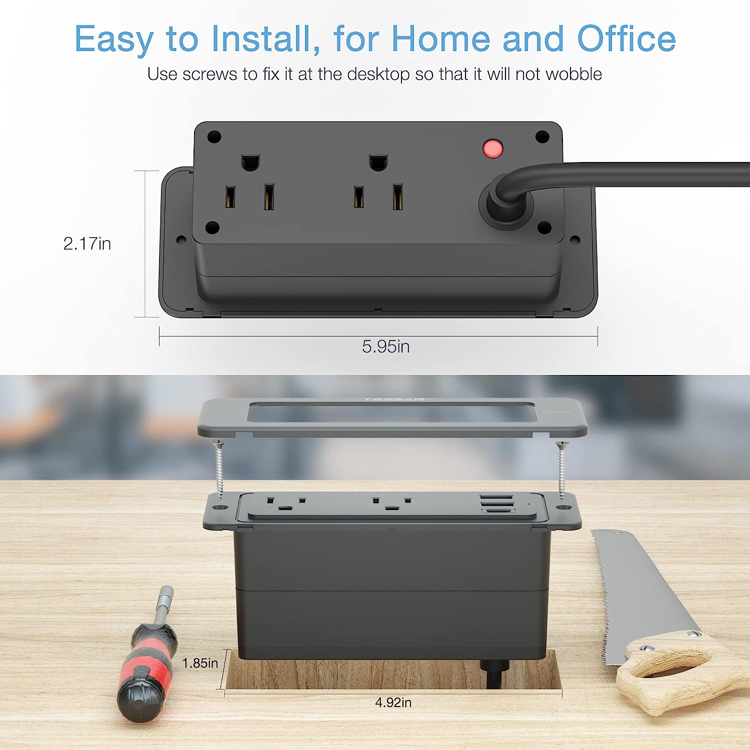 TESSAN Ultra-Thin Flat Plug 5ft with 4 Outlets 3 USB Charger(1 USB C Port), Recessed Power Strip Surge Protector