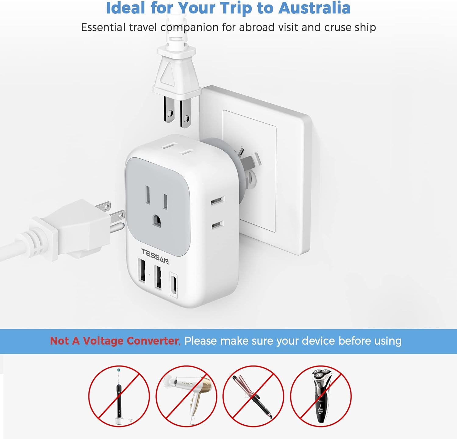 TESSAN Australian Power Adaptor with 4 Outlets 3 USB Charging Ports (1 USB C)