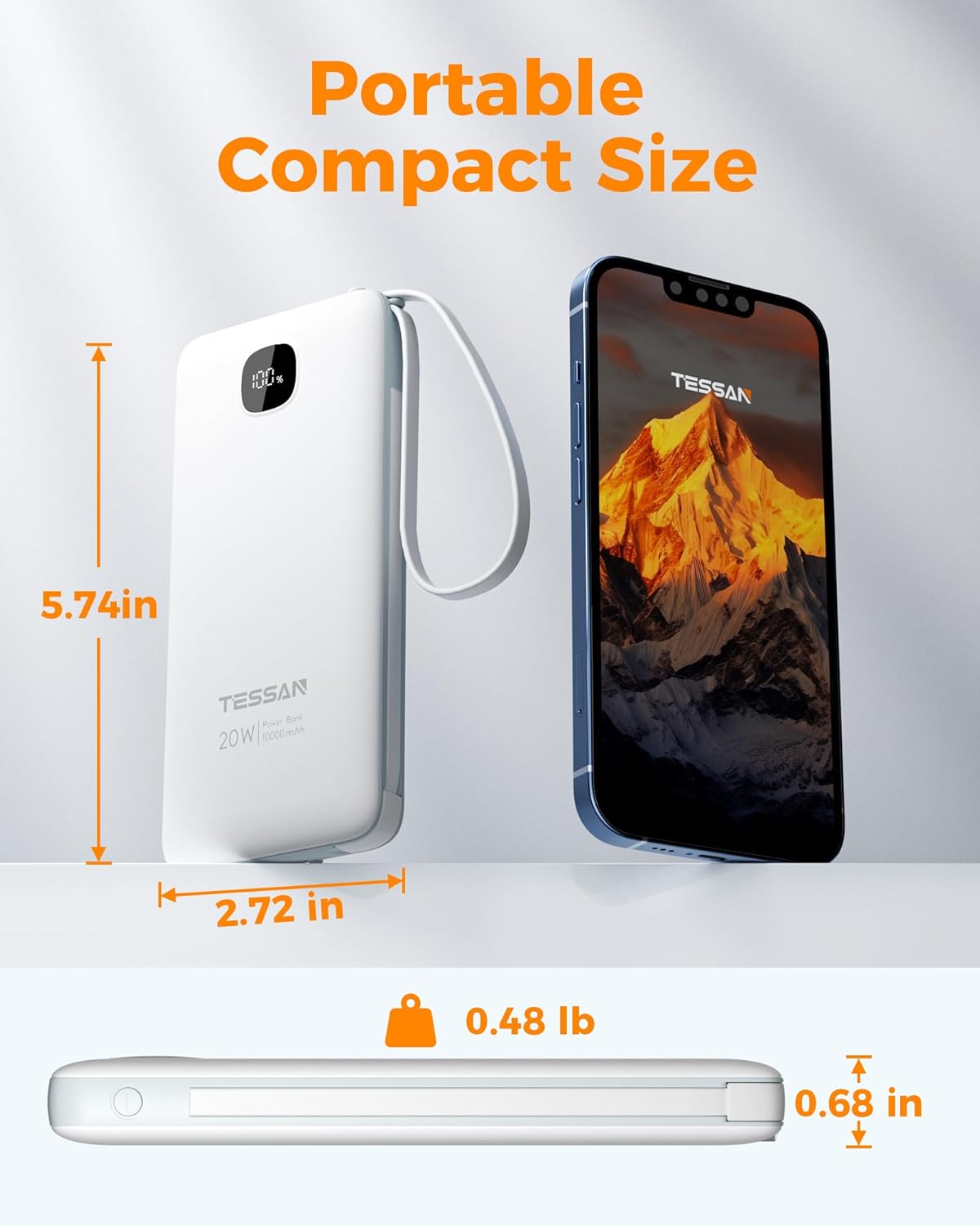TESSAN 10000mAh Portable Charger with Built-In Cables