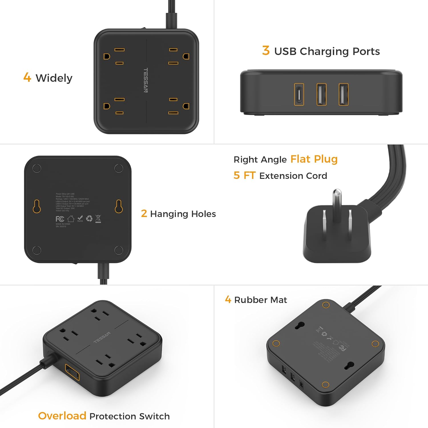 TESSAN 4 AC Outlets Surge Protector Extension Cord, Black Flat Plug Power Strip with 3 USB Ports (1 USB C)