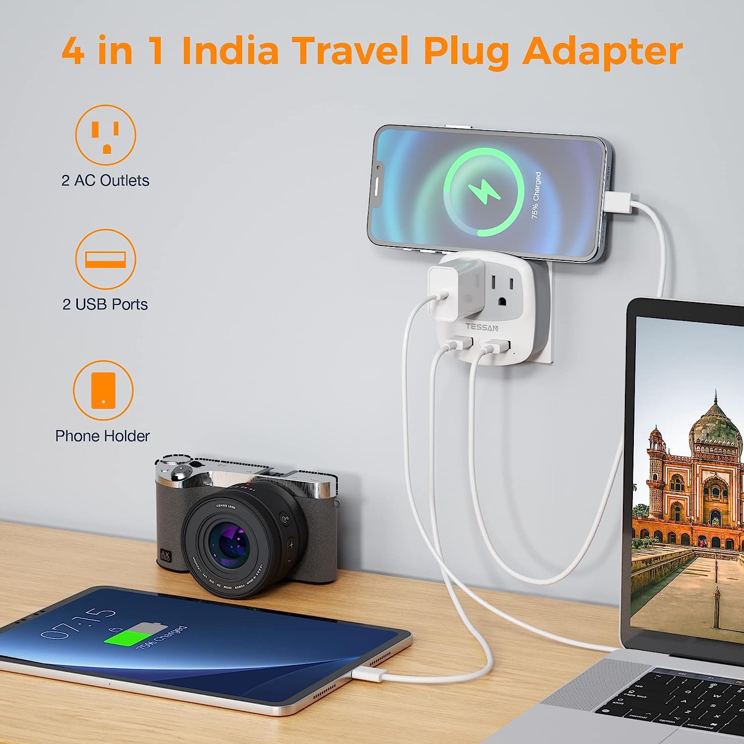 TESSAN US to India Plug Adapter with 2 USB Charger Ports 2 American Outlets