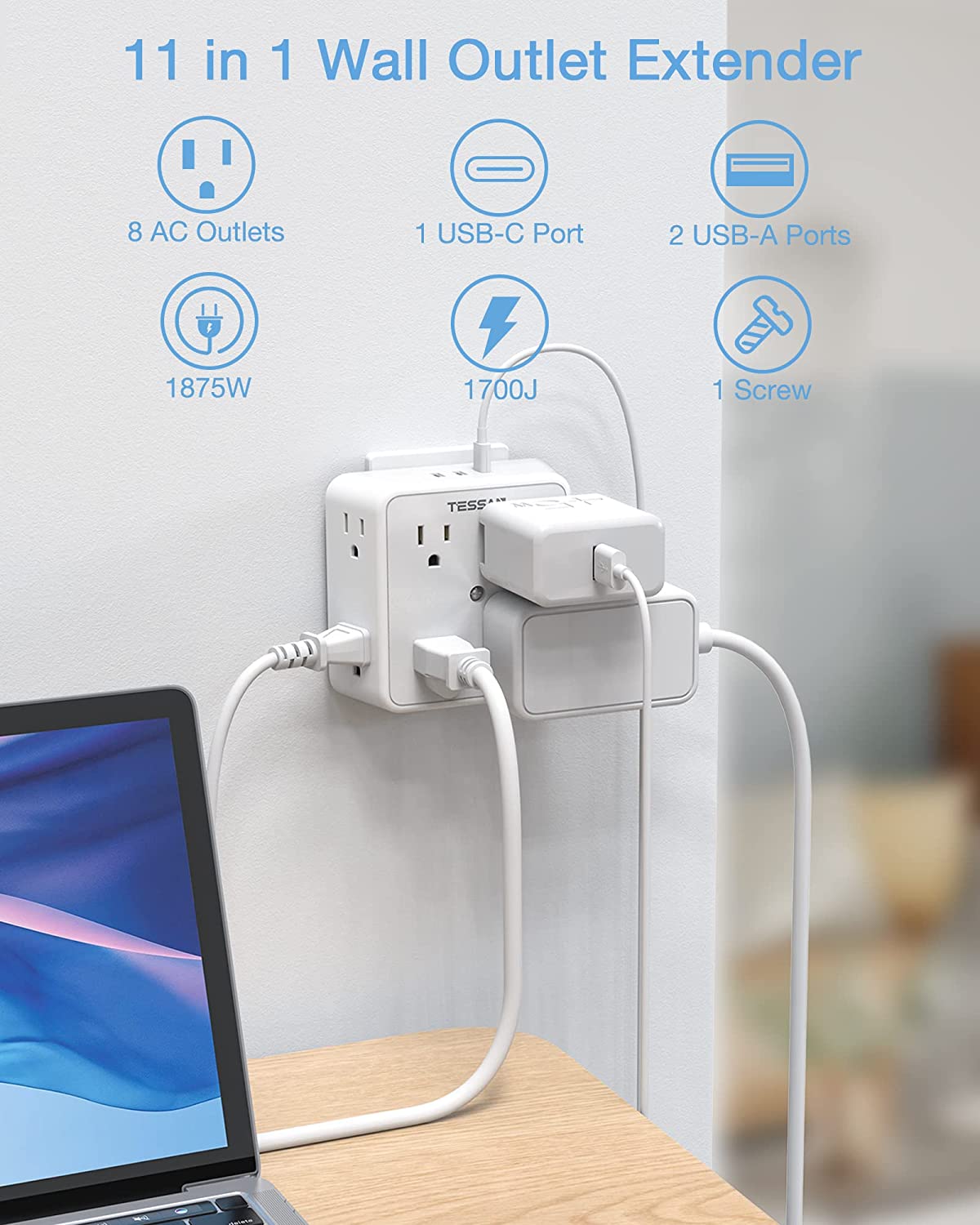 TESSAN Surge Protector Outlet Extender, 8 Multi Outlet Splitter with 3 USB Wall Charger (1 USB C Port)