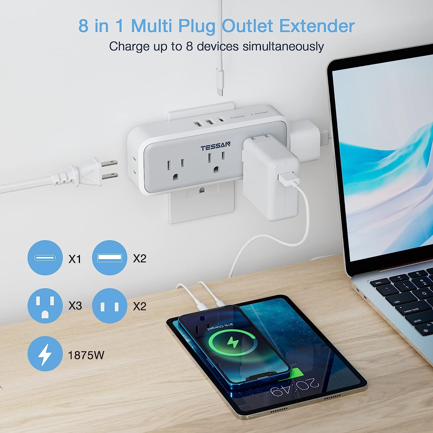 TESSAN Multiple Outlet Splitter with 5 Outlets and 3 USB (1 USB C)