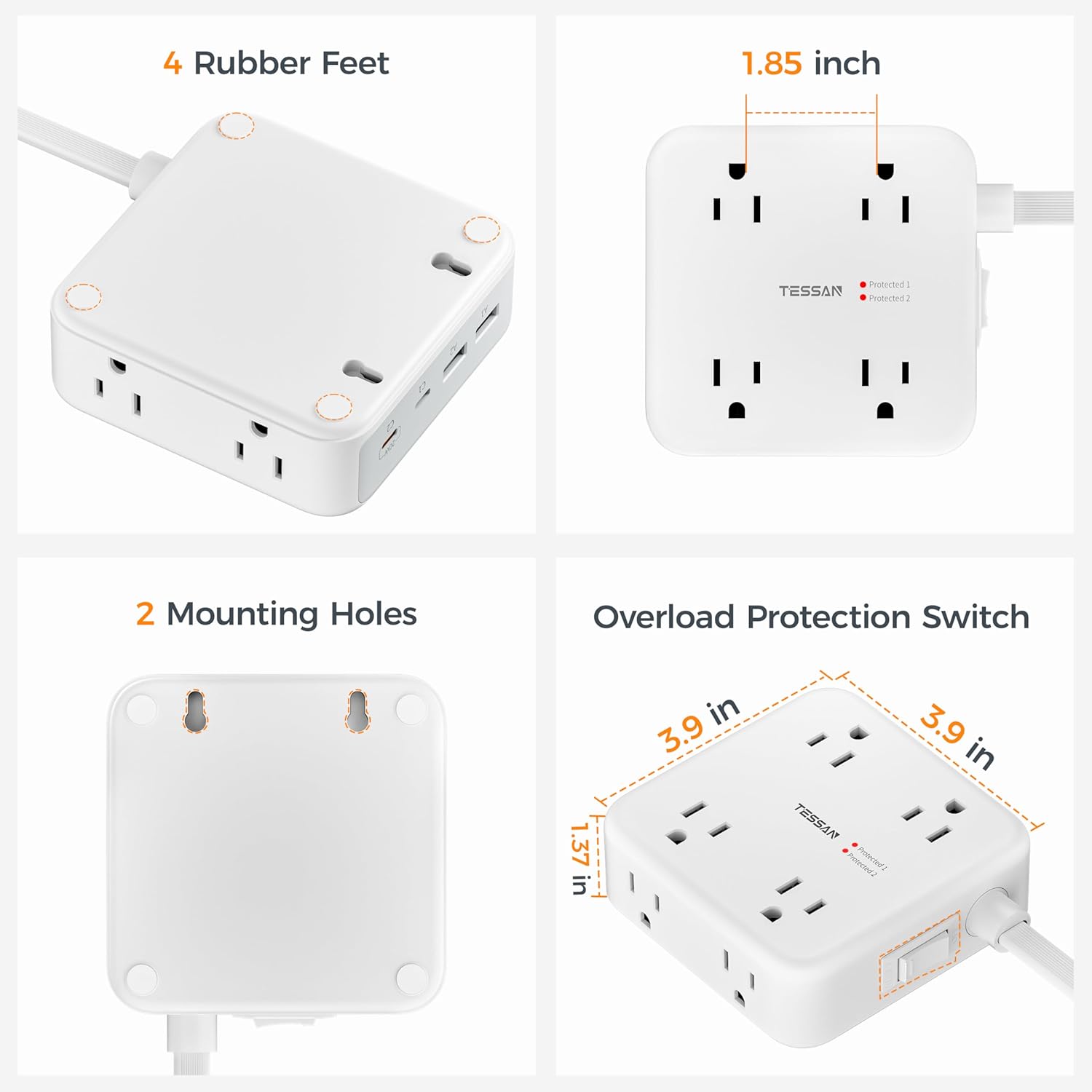 TESSAN Flat Extension Cord Surge Protector Power Strip