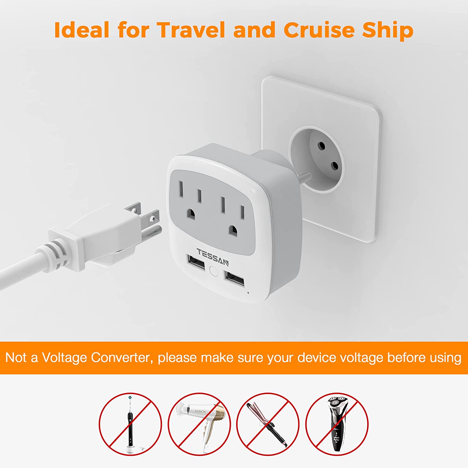 TESSAN Travel Adapters for Israel with 2 USB Ports 2 American Outlets