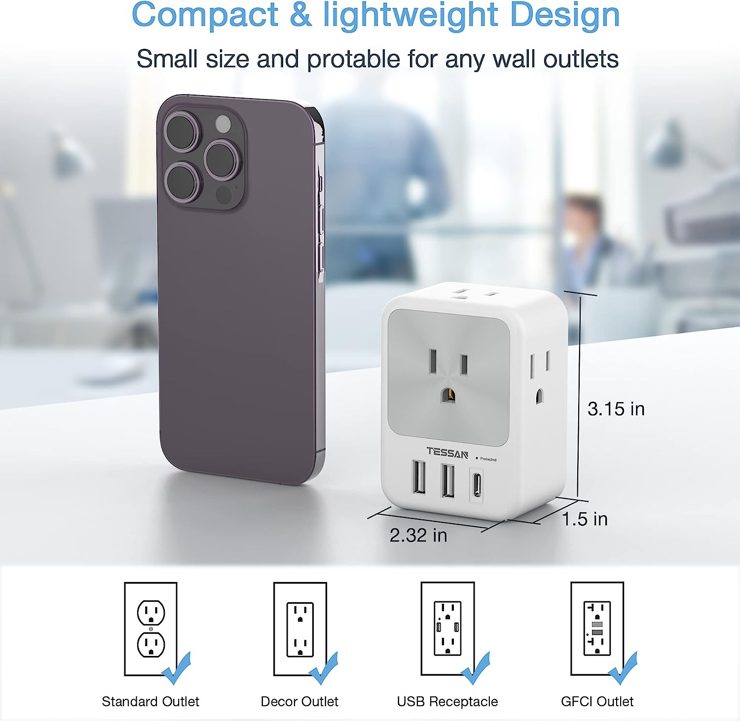 TESSAN Surge Protector Outlet Splitter with 4 AC Outlets 3 USB Ports (1 USB C Port)