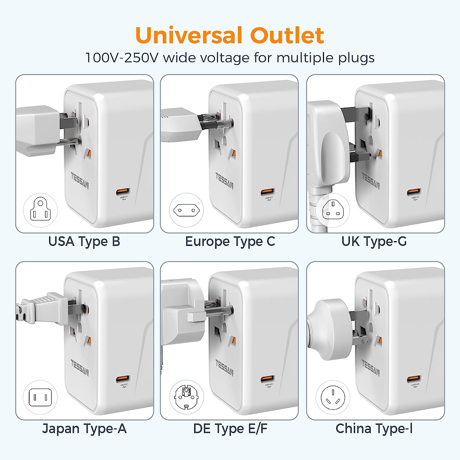 Universal Travel Adapter with 2 USB C and 3 USB Ports (Fast Charging PD 45W)