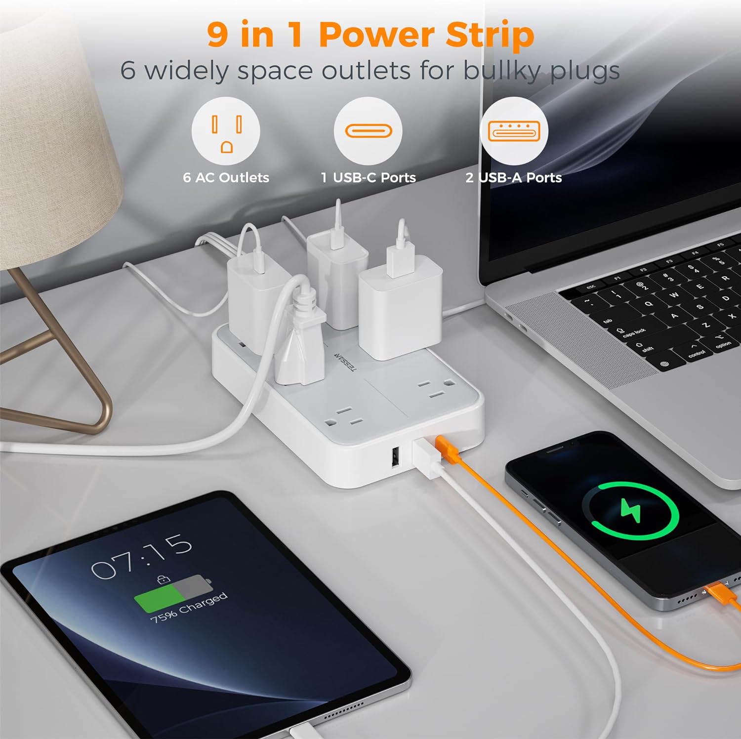 TESSAN Flat Plug Ultra Thin Extension Cord with 6 Wide-Spaced Outlets 3 USB Ports (1 USB C Port), Surge Protector Power Strip 10 ft