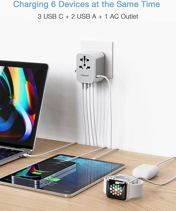 TESSAN Universal Travel Adapter 5 USB Ports - Gray