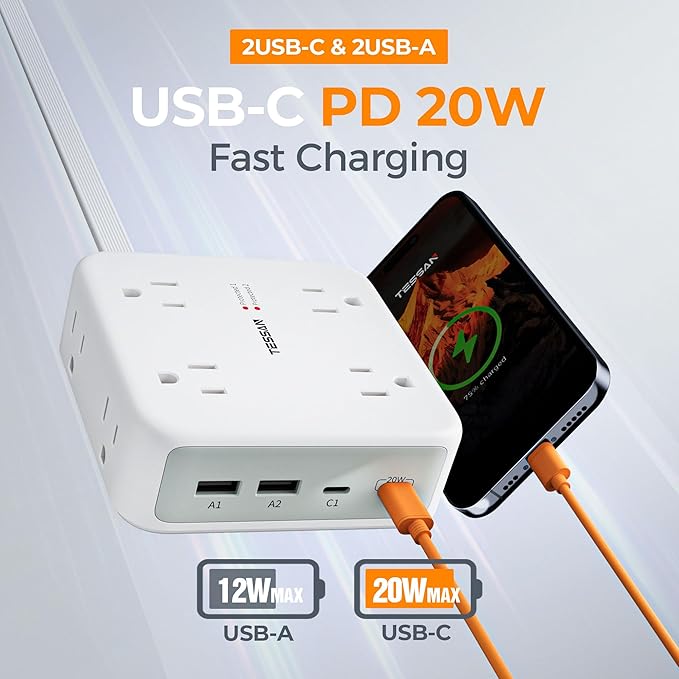 TESSAN Flat Extension Cord Surge Protector Power Strip