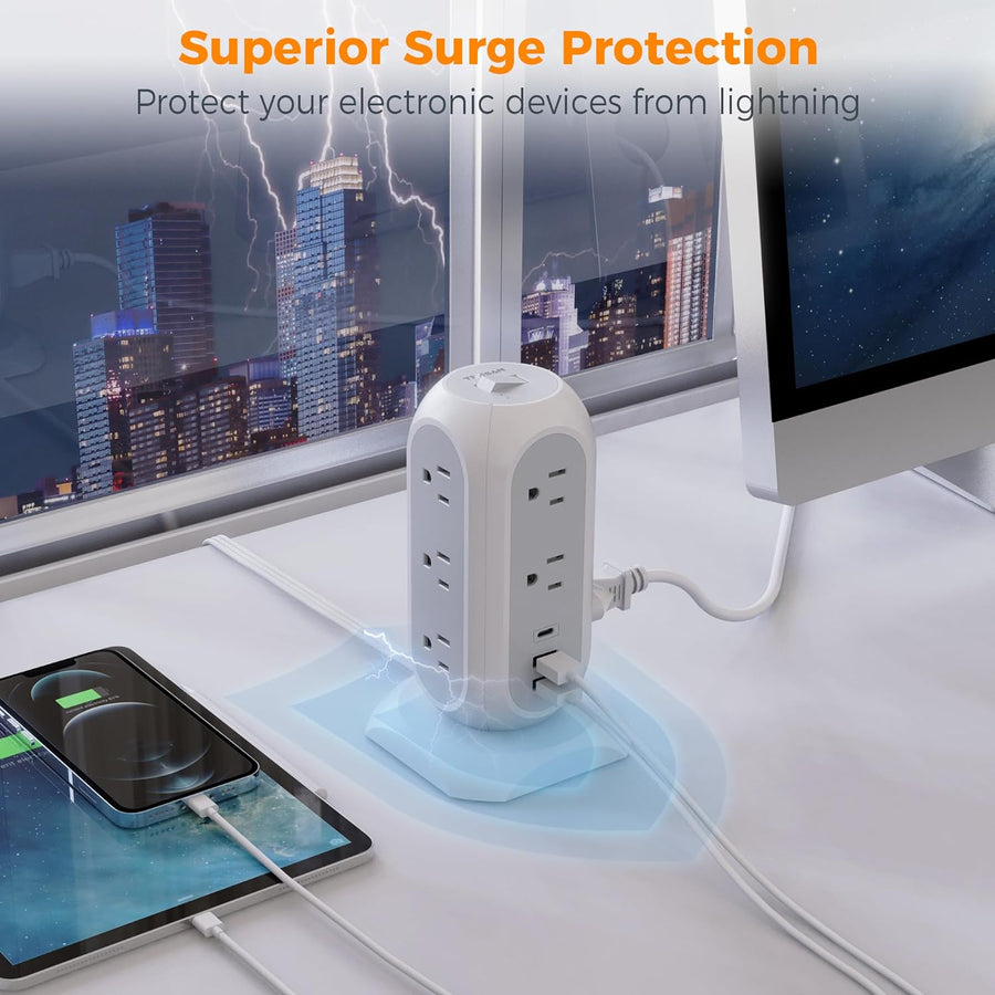 TESSAN Tower Power Strip Flat Plug 6FT with 11 Outlets 3 USB (1 USB C)