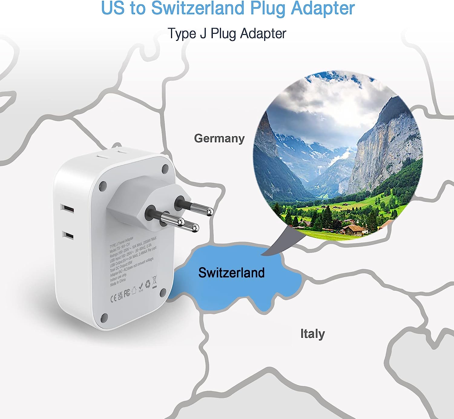 TESSAN Swiss Travel Adaptor with 4 Outlets 3 USB Charging Ports