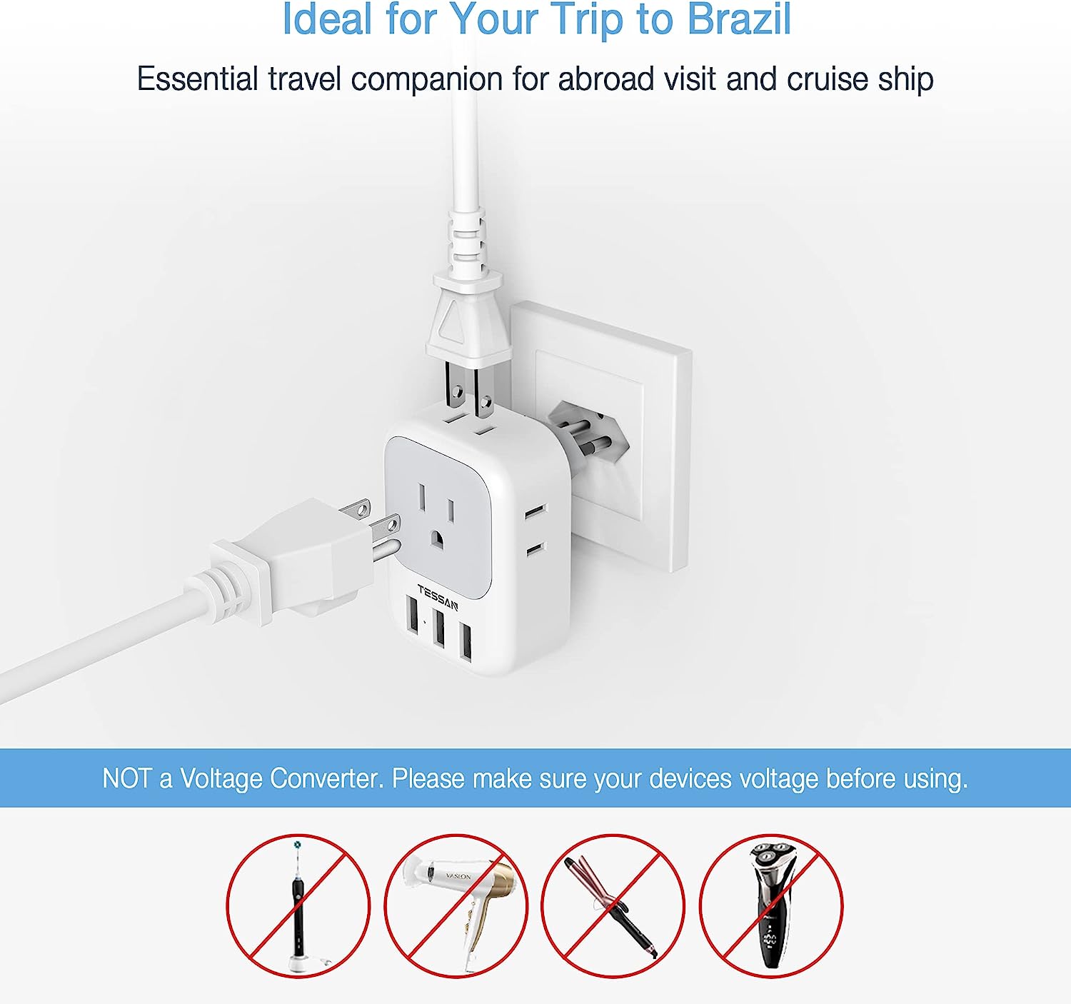 TESSAN Brazil Power Plug Adapter with 4 American Outlets and 3 USB Charging Ports