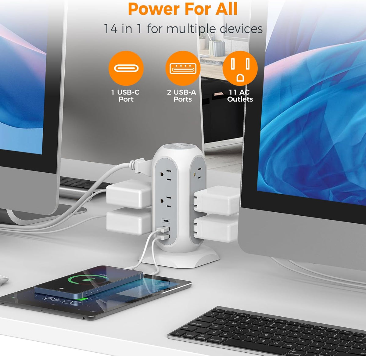 TESSAN Tower Power Strip Flat Plug 6FT with 11 Outlets 3 USB (1 USB C)
